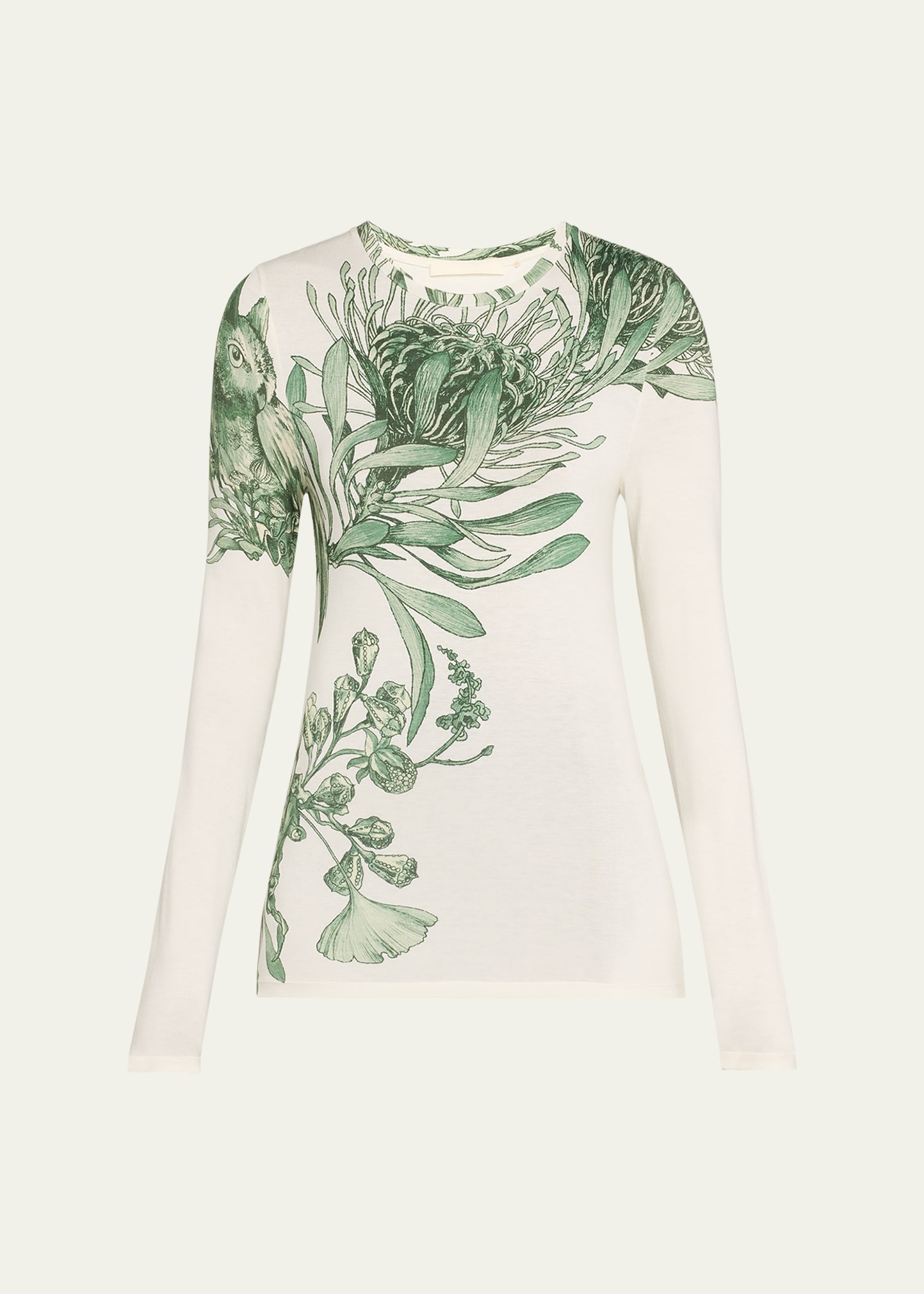 Jason Wu Collection Pincushion Floral-printed Jersey Long-sleeve Top In Chalk Emerald