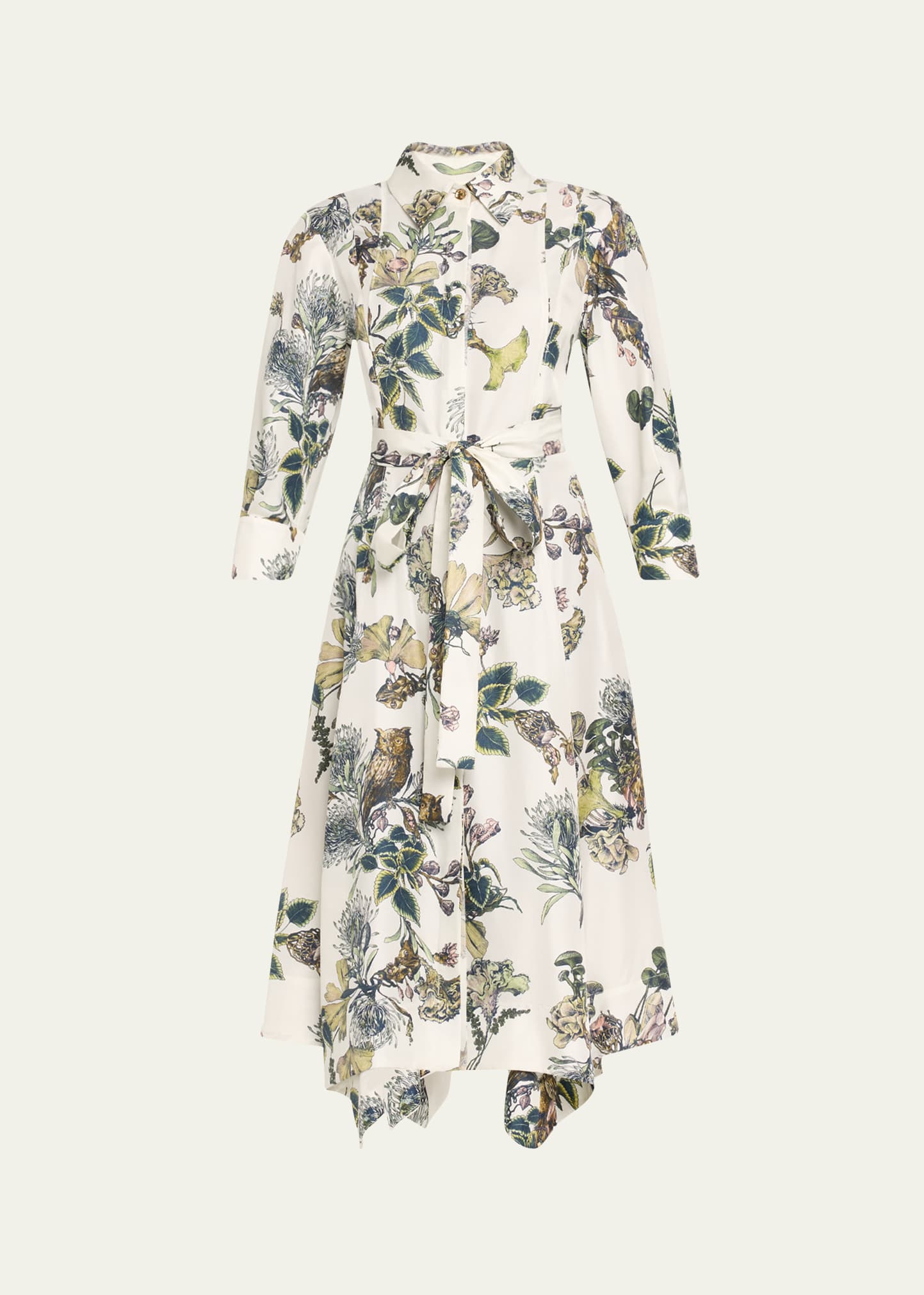 Forest Floral Belted Silk Twill Shirtdress, White