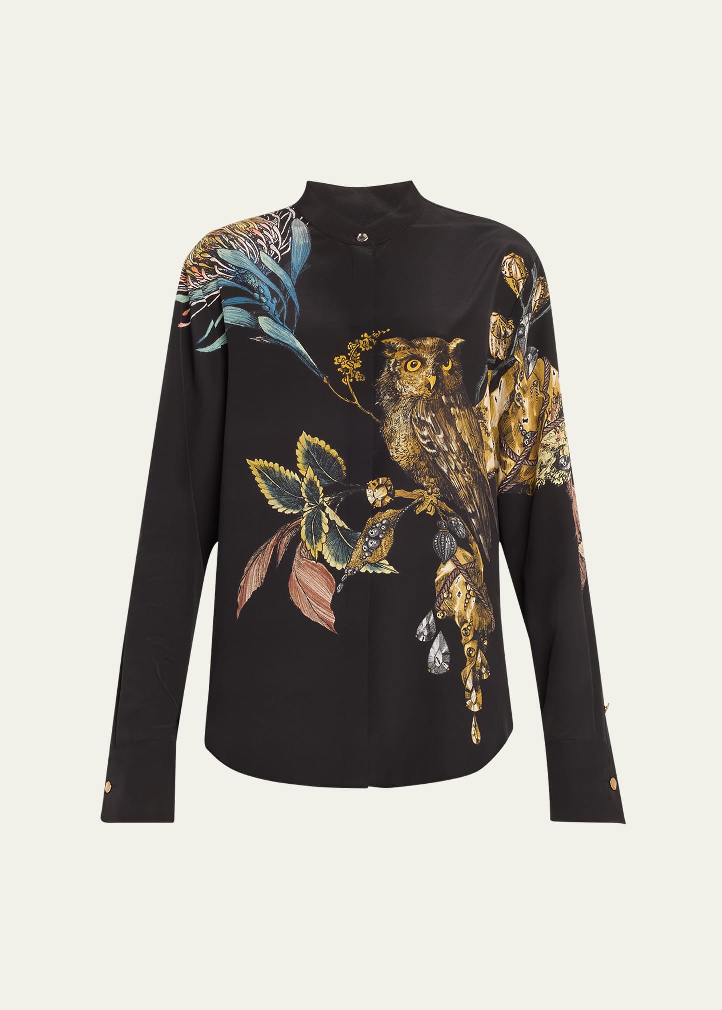 Jason Wu Collection Forest Floral Oversized Button Down Silk Blouse In Black