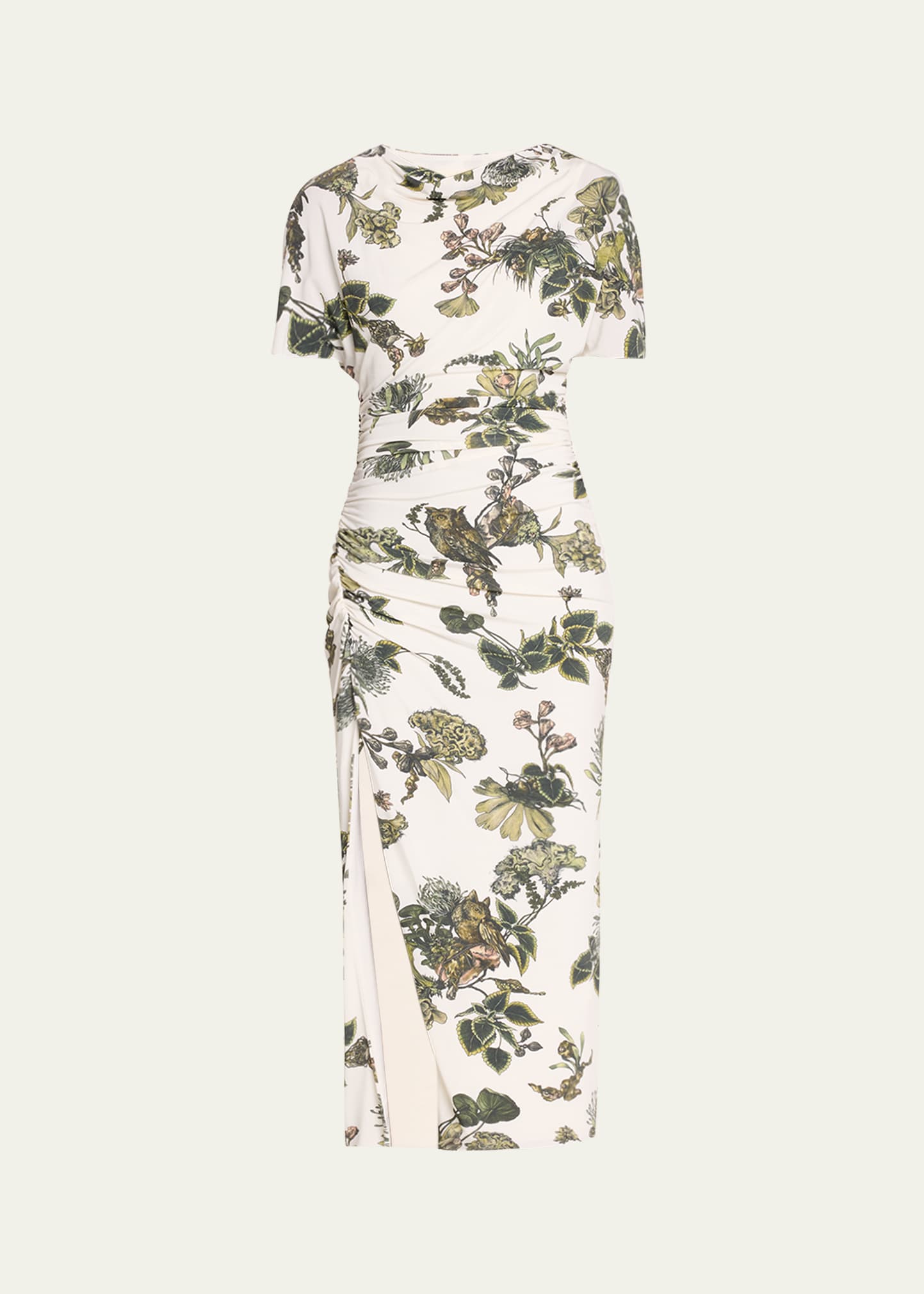 Jason Wu Collection Floral Ruched Jersey Midi Dress With High Slit In White