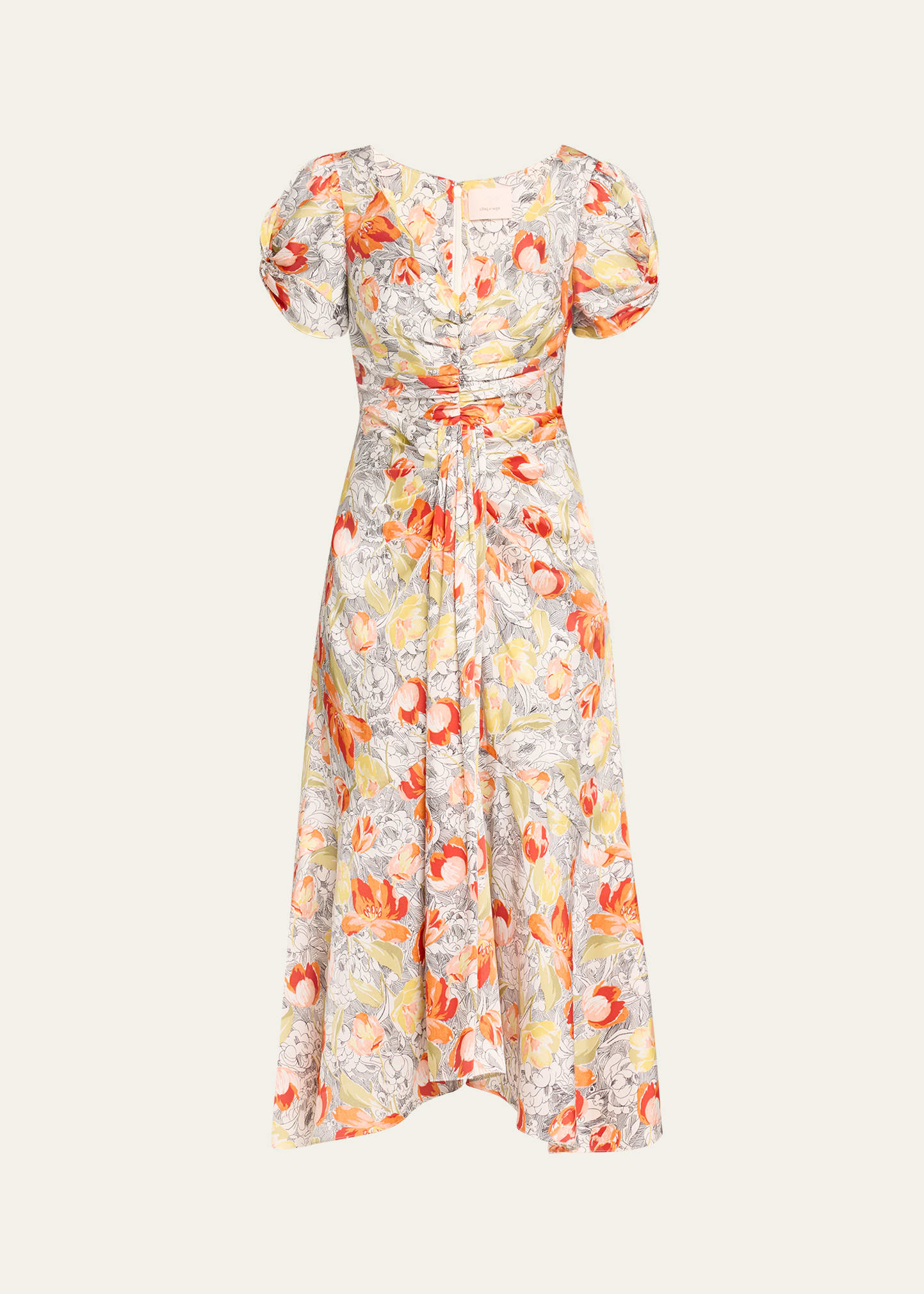 Shop Cinq À Sept Ximena Draped Floral Puff-sleeve V-neck Midi Dress In Ivory Multi