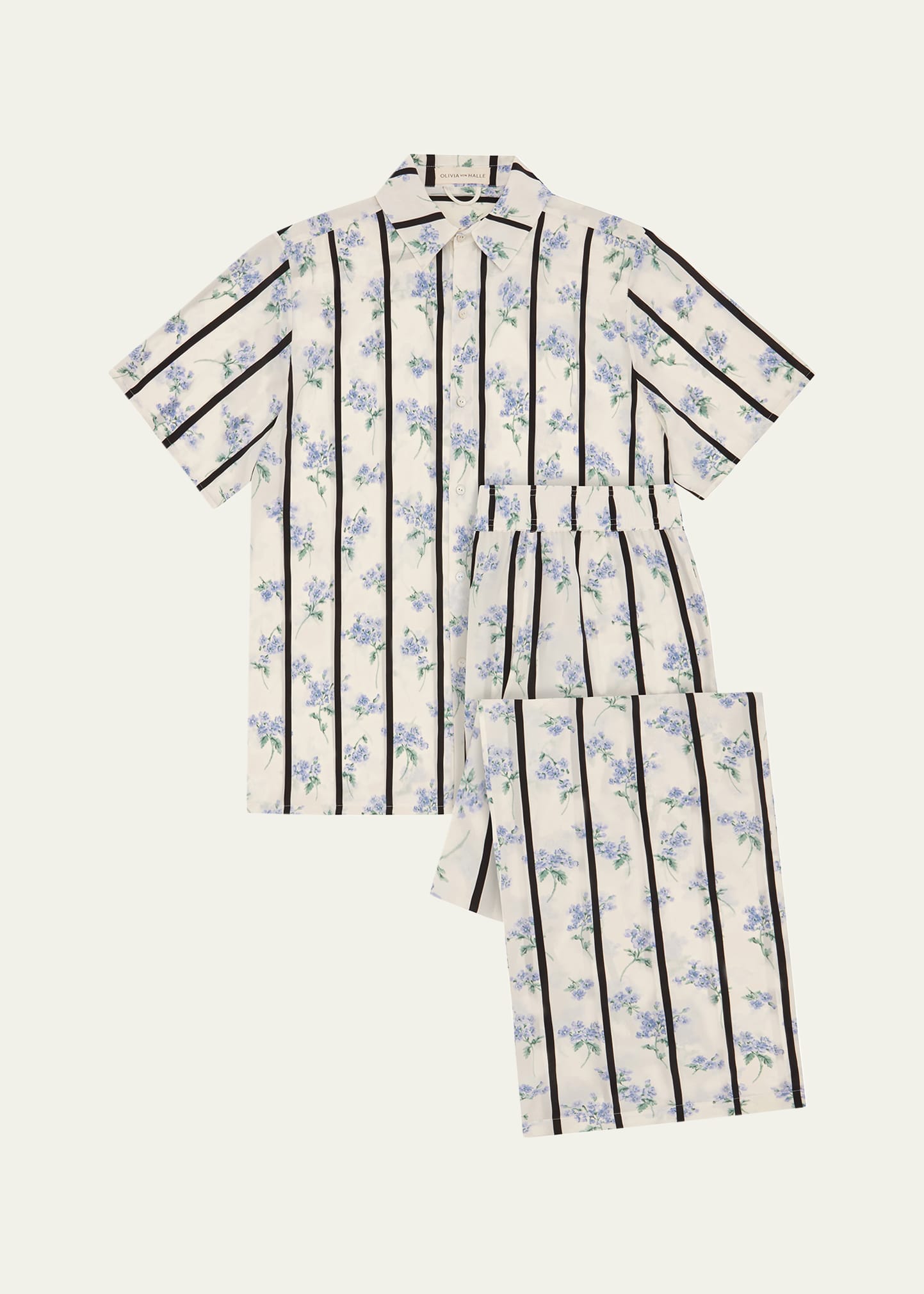 Olivia Von Halle Alabama Striped Floral-print Silk Pajama Set In White