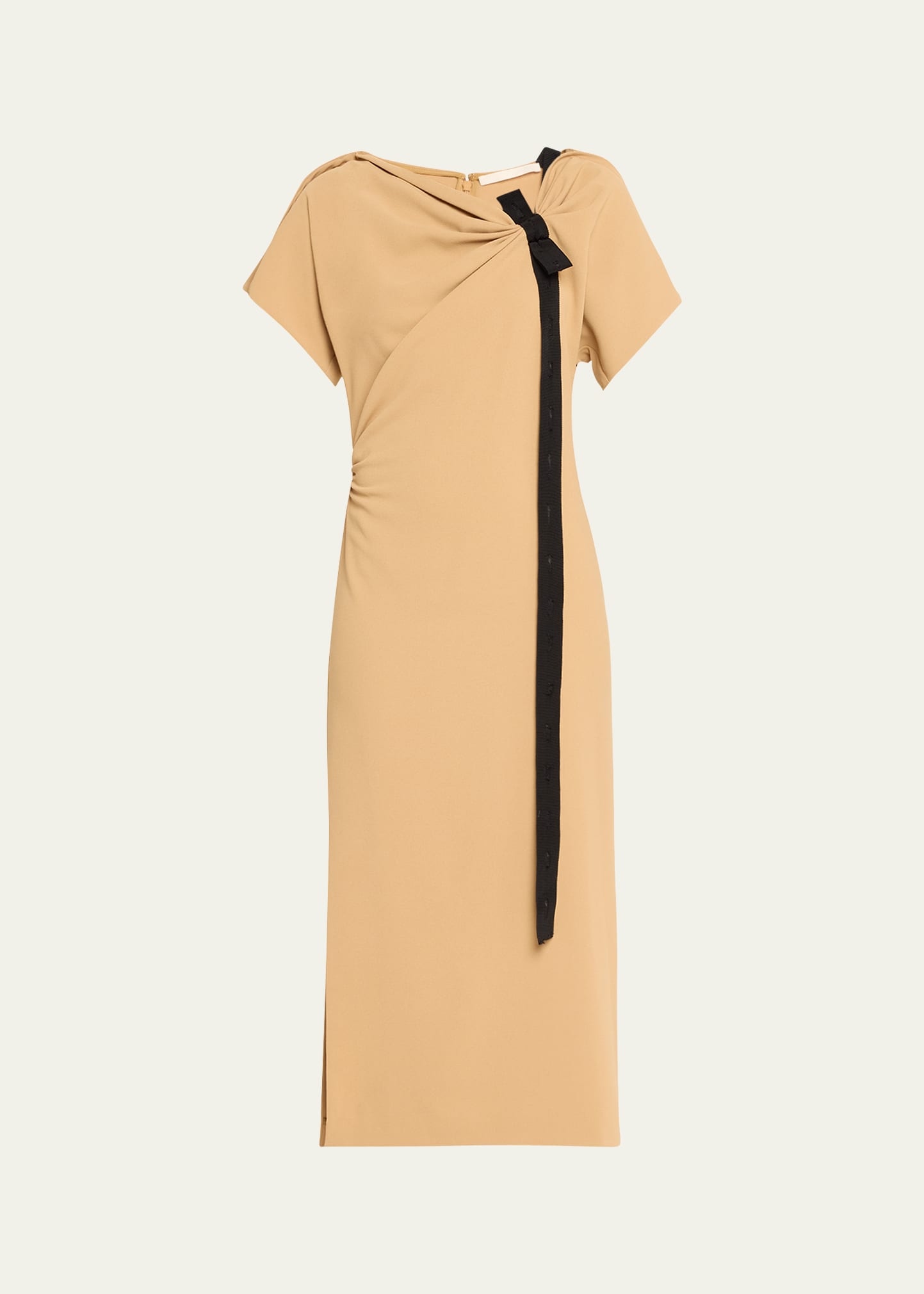 Shop Jason Wu Collection Draped Fluid Crepe Midi Dress With Tie Detail In Latte