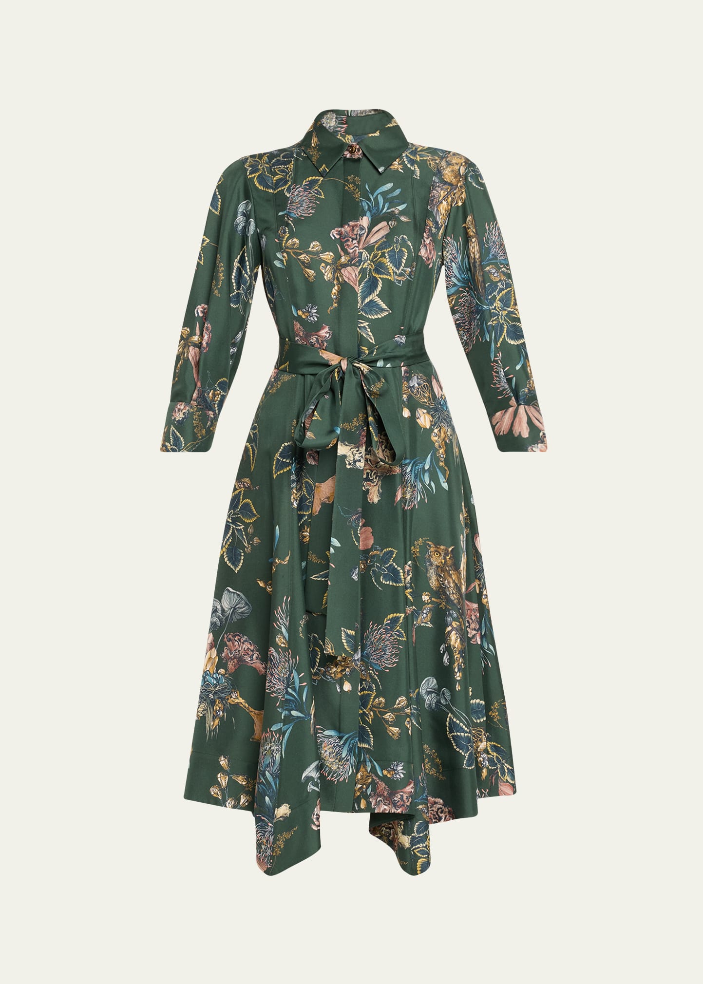 Shop Jason Wu Collection Forest Floral Belted Silk Twill Shirtdress, Green In Emerald Multi