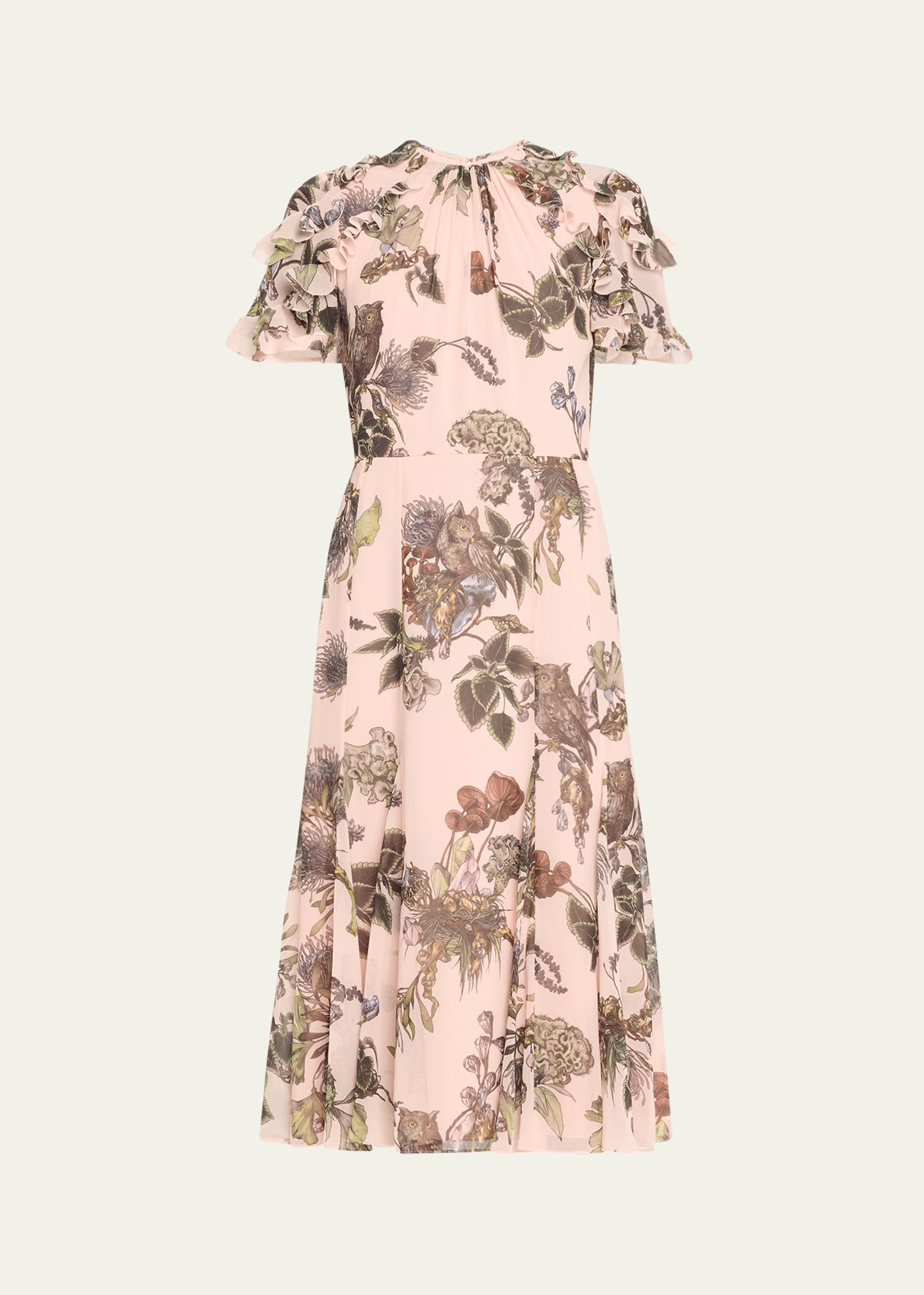 Forest Floral Printed Ruffle Midi Day Dress