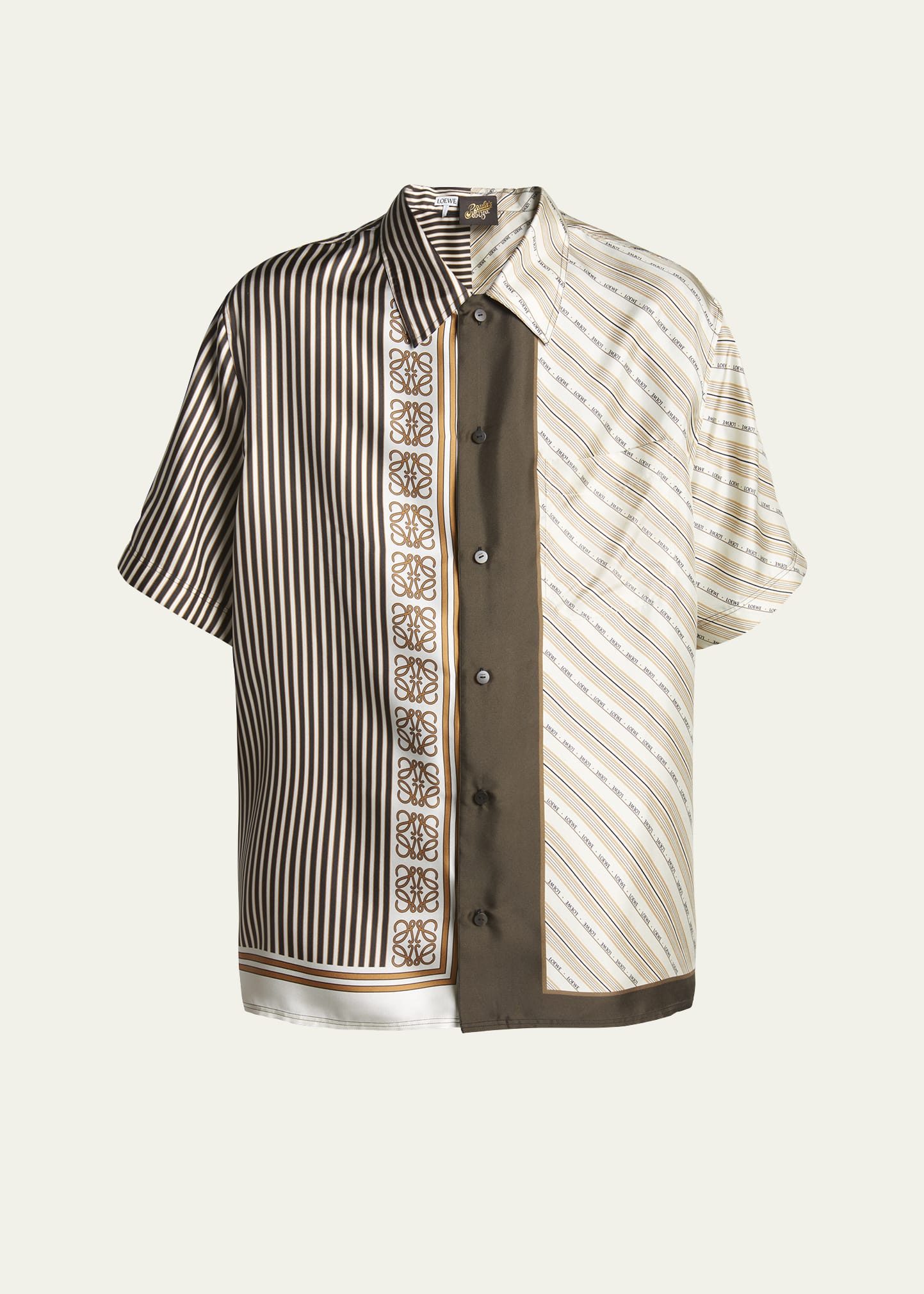 Shop Loewe Men's Silk Mixed Scarf Printed Short-sleeve Shirt In Lt Beig Mu