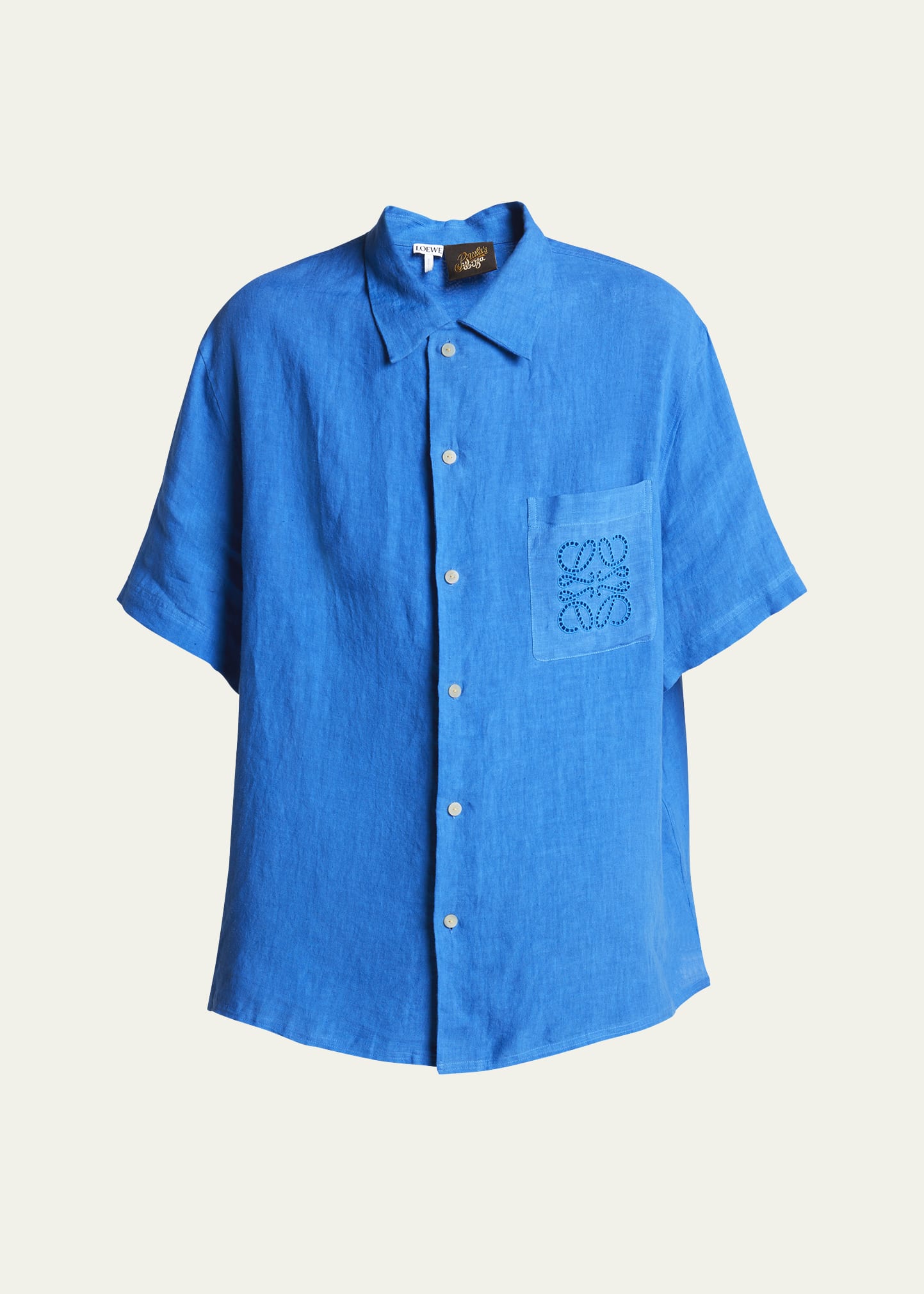Shop Loewe Men's Embroidered Anagram Linen Short-sleeve Shirt In Sea Blue