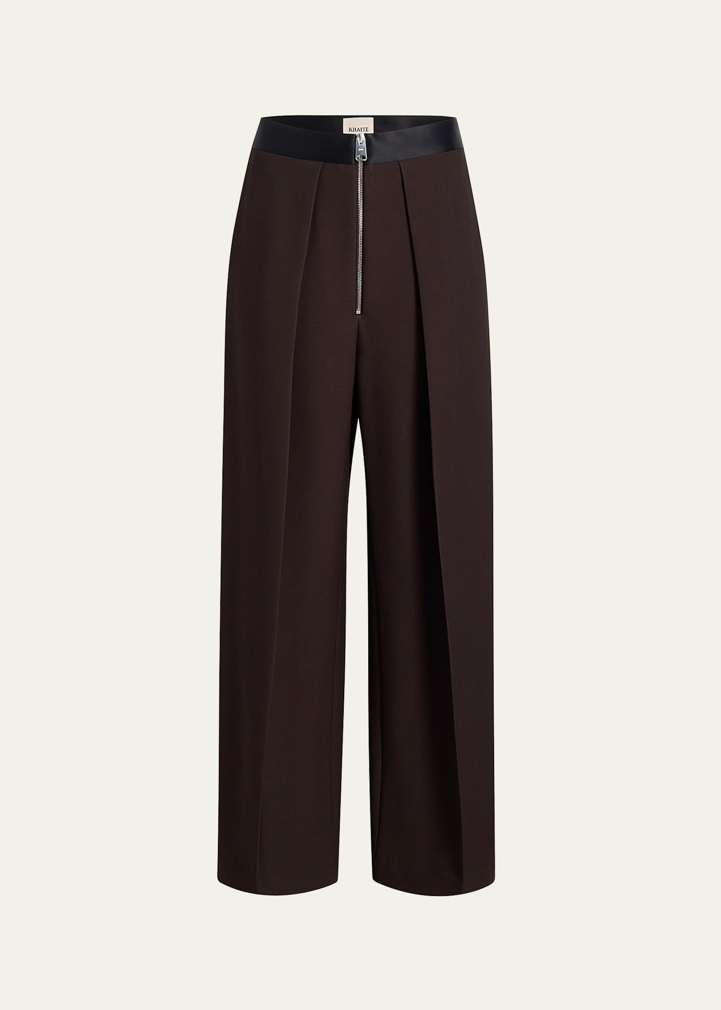 Khaite Marine Pleated Wide-leg Pants With Zipper Front In Brown