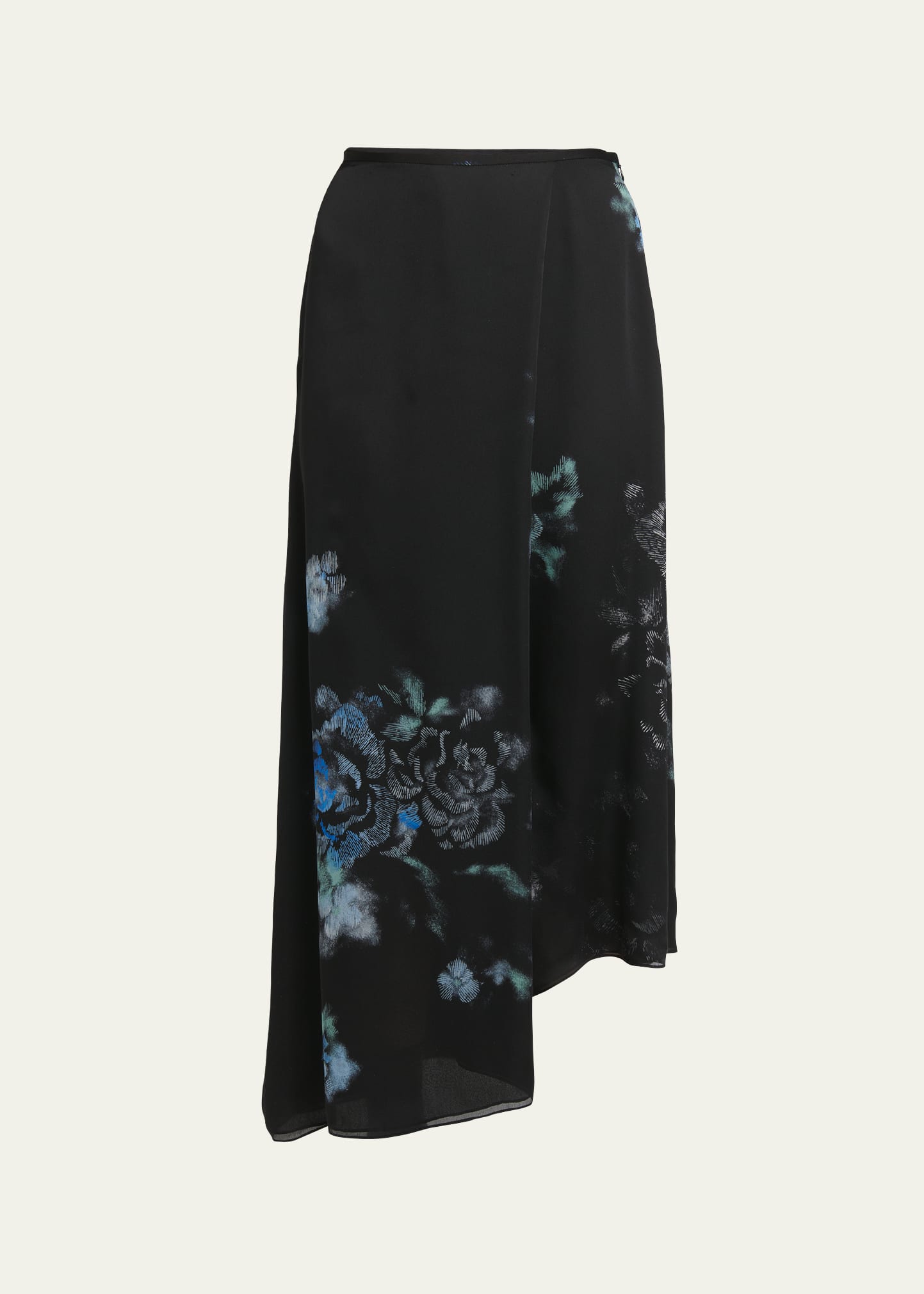 Giorgio Armani Official Store Silk Charmeuse Organza Asymmetric Skirt With A Floral Print In Solid Black
