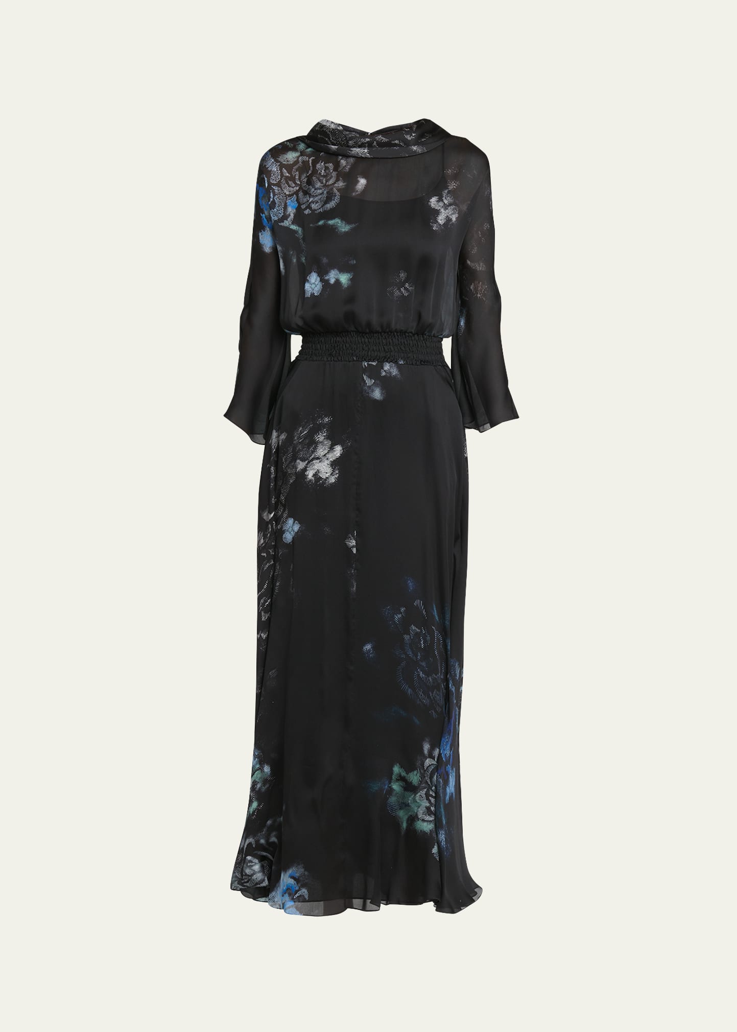 Giorgio Armani Official Store Silk Charmeuse Long Dress In A Floral Print In Solid Black