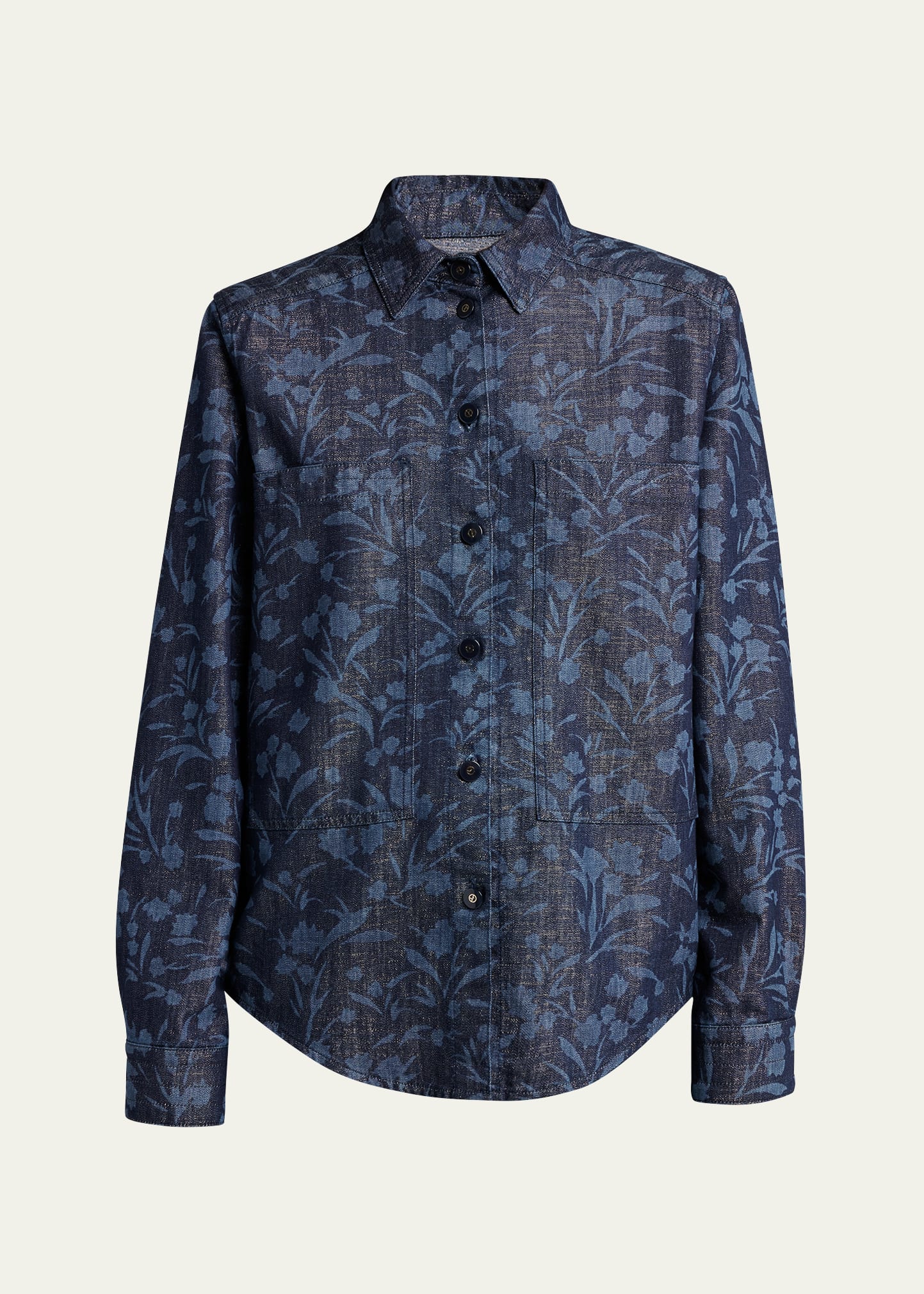 Giorgio Armani Official Store Denim Collection Shirt In Cotton, Viscose And Lurex Denim With Floral Motif In Denim
