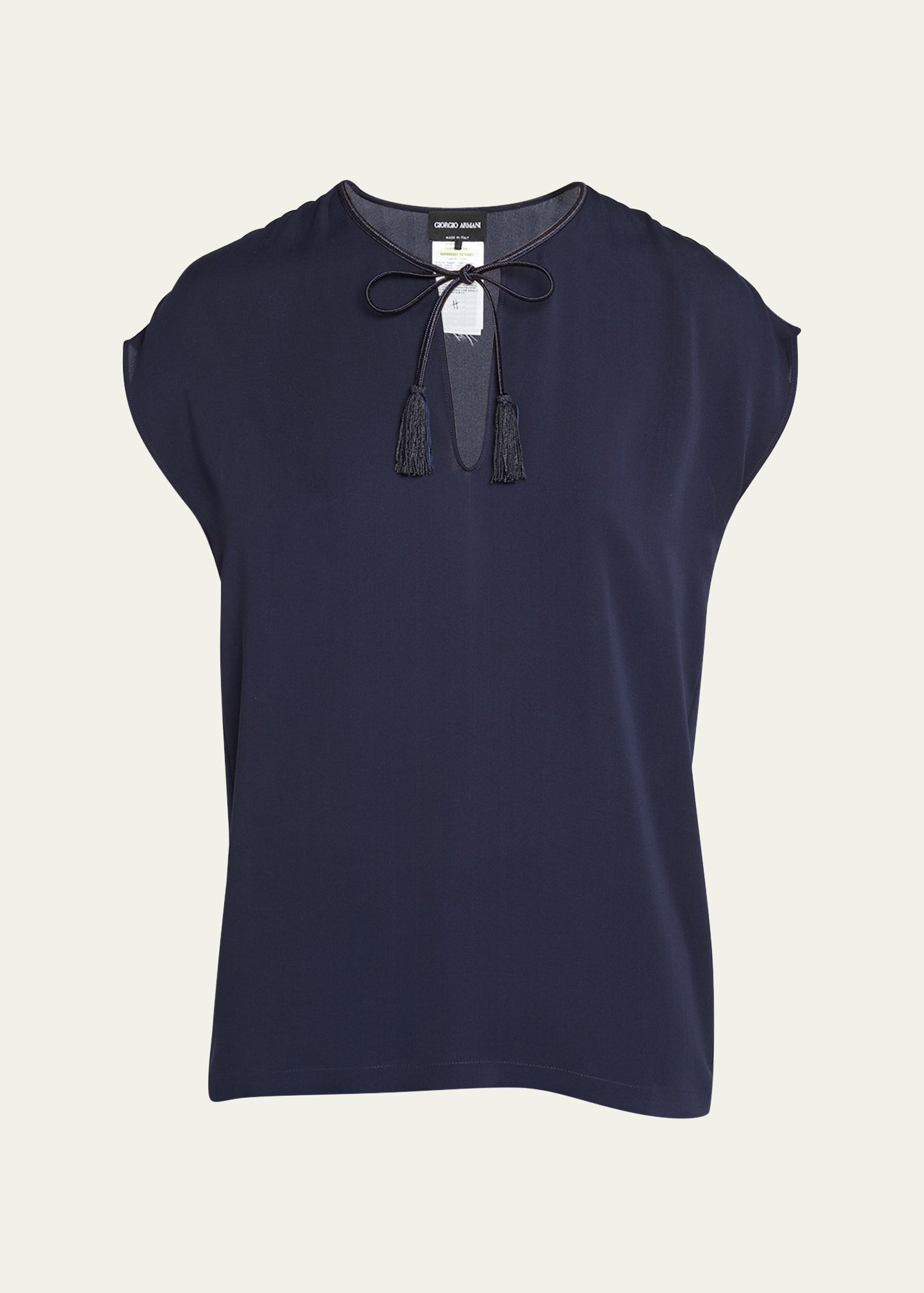 Shop Giorgio Armani Silk Georgette Blouse With Fringe Tie Neck Detail In Navy