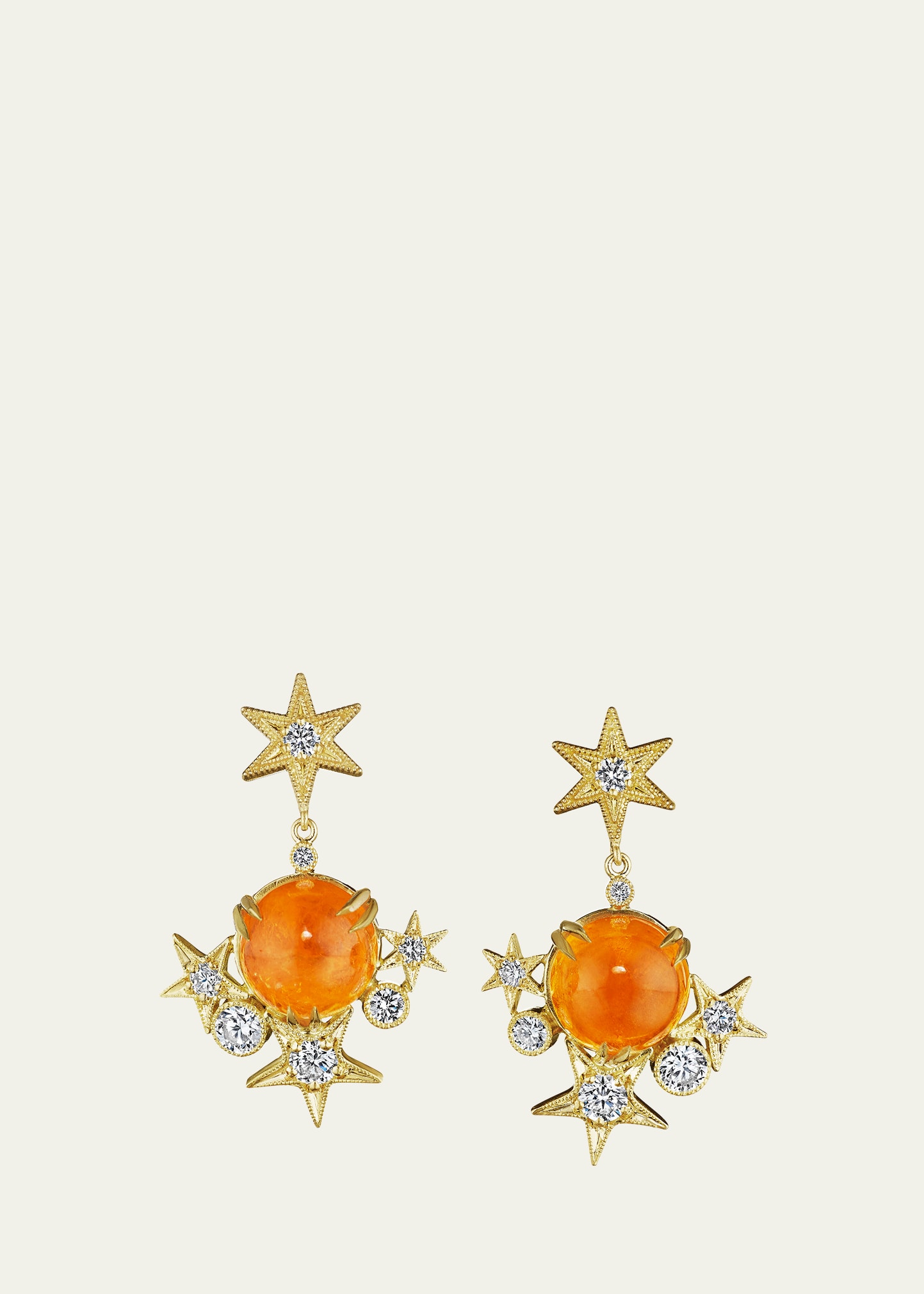 18K Yellow Gold Cabochon Star Drop Earrings with Mandarin Garnet and Diamonds