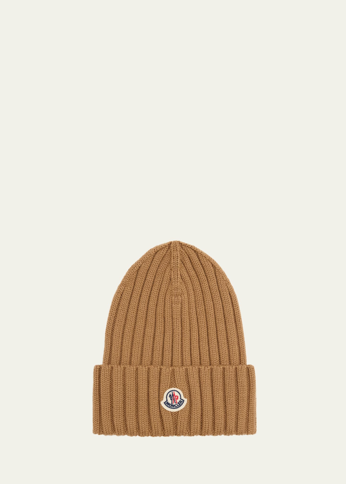 Moncler Logo Ribbed Wool Beanie In Medium Beige