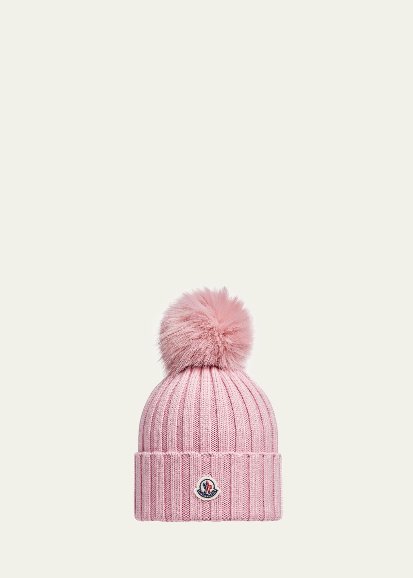 Moncler Ribbed Wool Beanie With Faux Fur Pom In Pastel Pink
