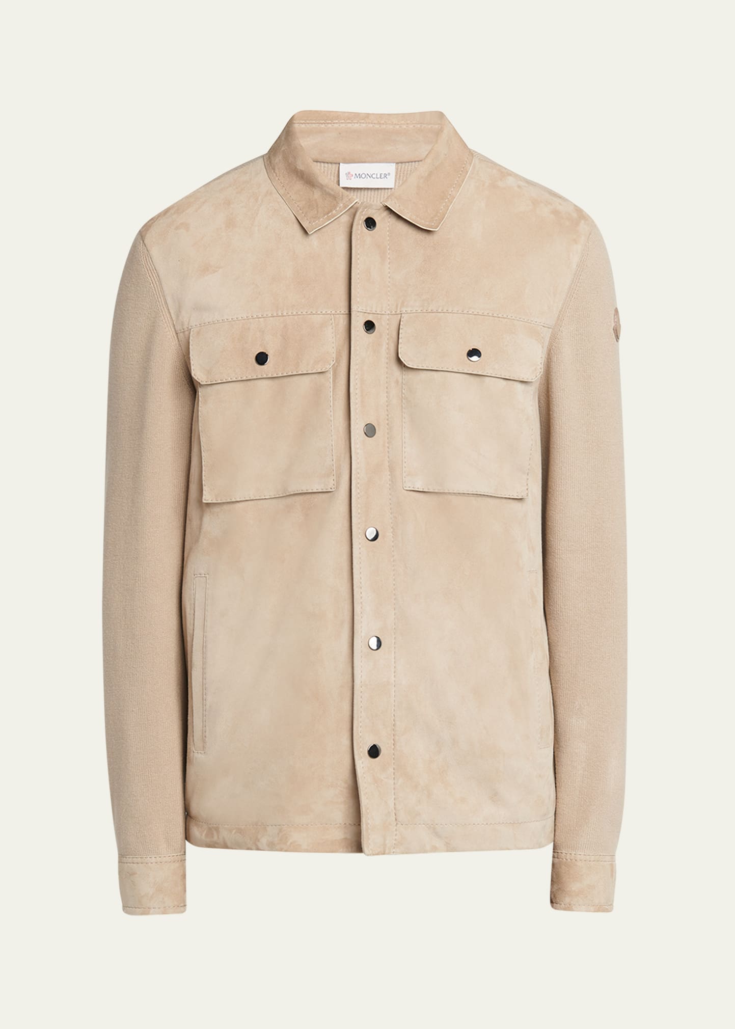 Moncler Men's Knit Overshirt With Lamb Suede In Light Beige