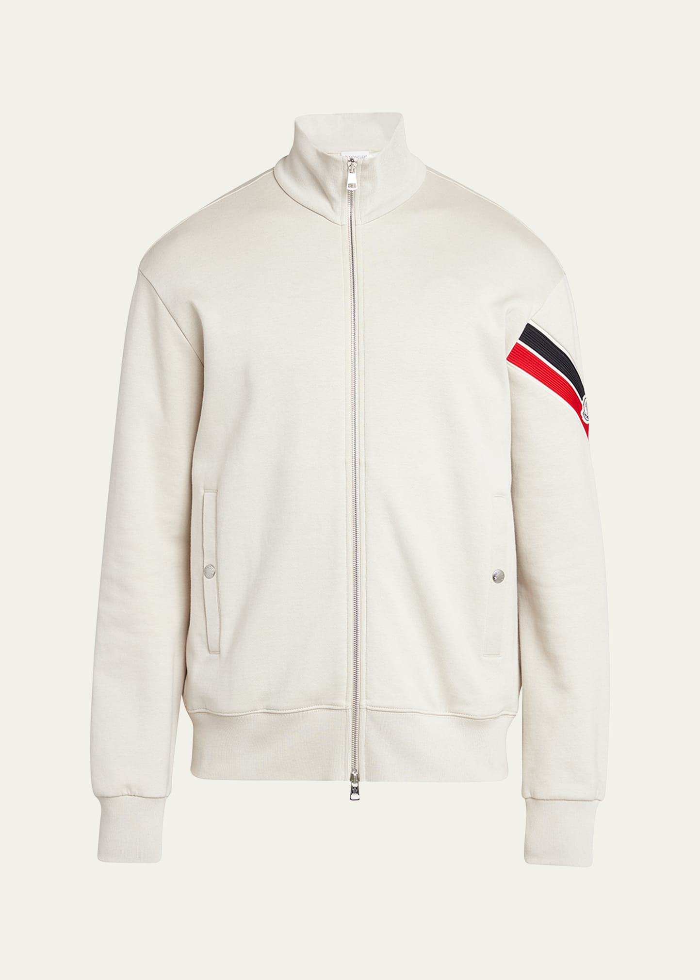 Moncler Men's Zip-up Jacket With Striped Sleeve In Natural