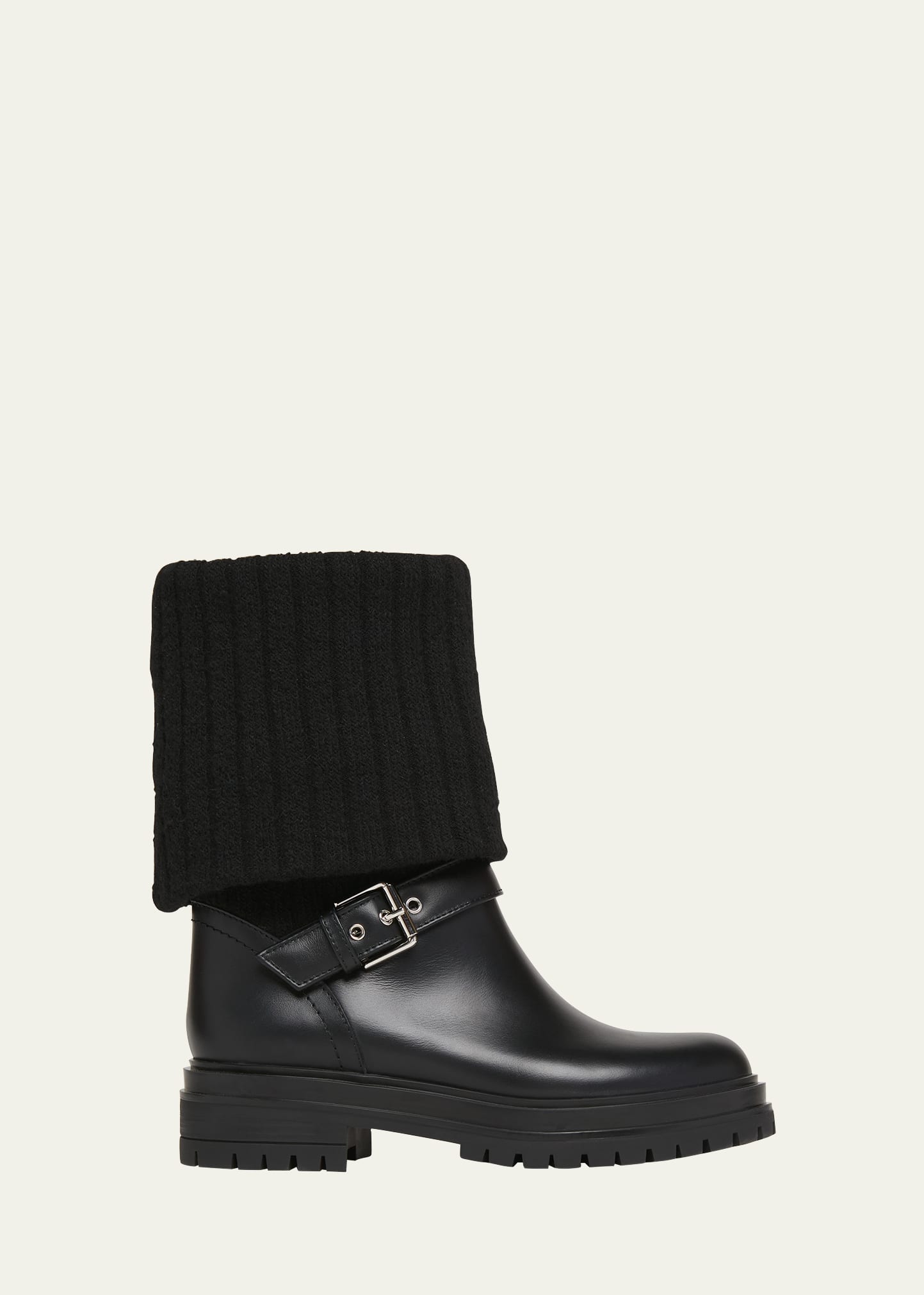 Shop Gianvito Rossi Leather Knit Collar Moto Boots In Black
