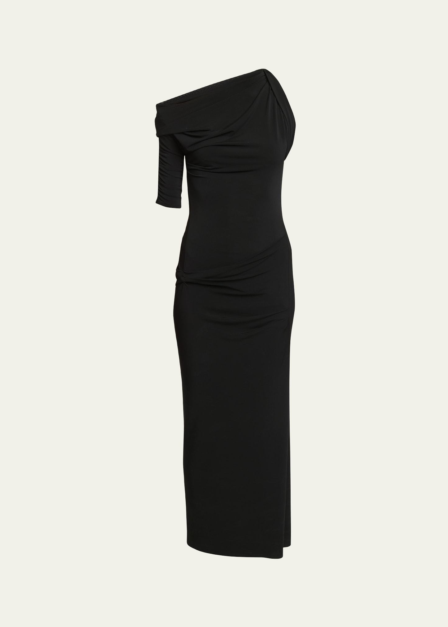 Jacquemus Asymmetric Neck Twist Midi Dress With Ruched Detailing In Black
