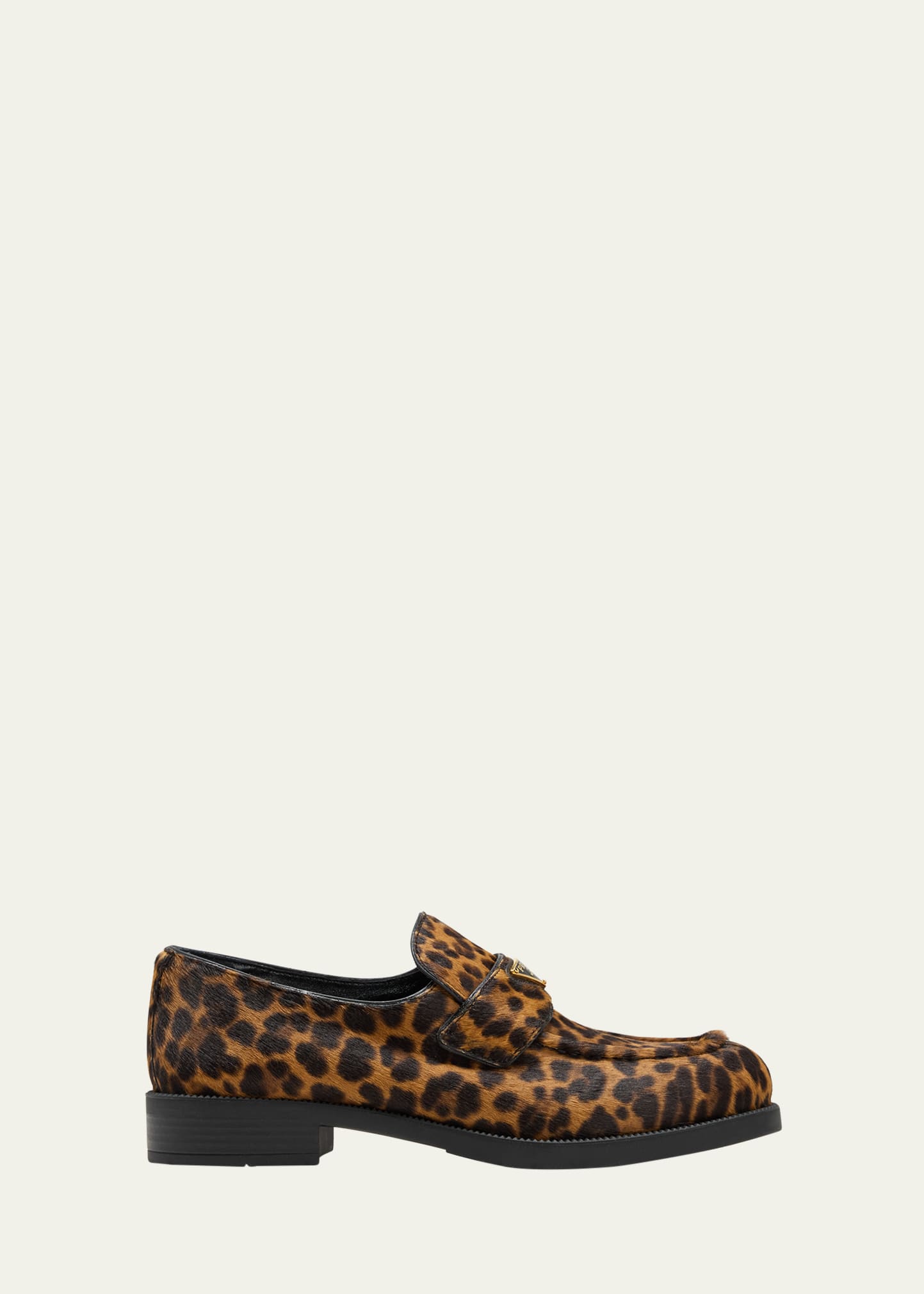 PRADA LEOPARD CALF HAIR TRIANGLE LOAFERS 