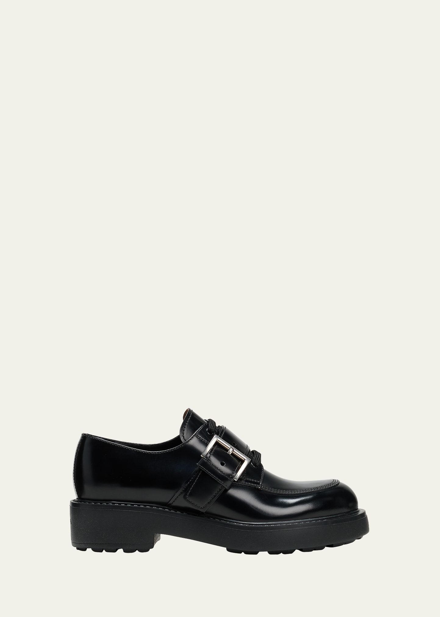 Prada Leather Belted Lace-up Loafers In Black