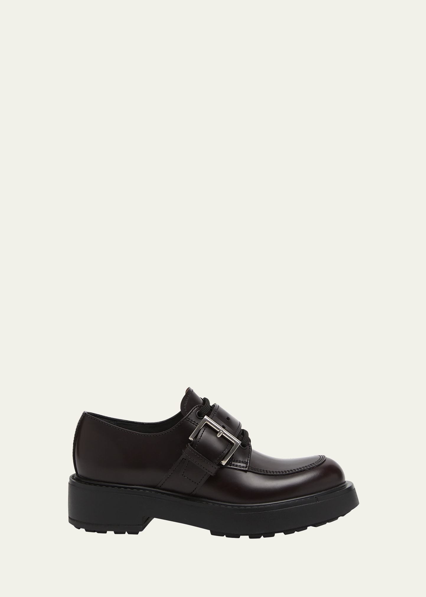 Shop Prada Leather Belted Lace-up Loafers In Cordovan