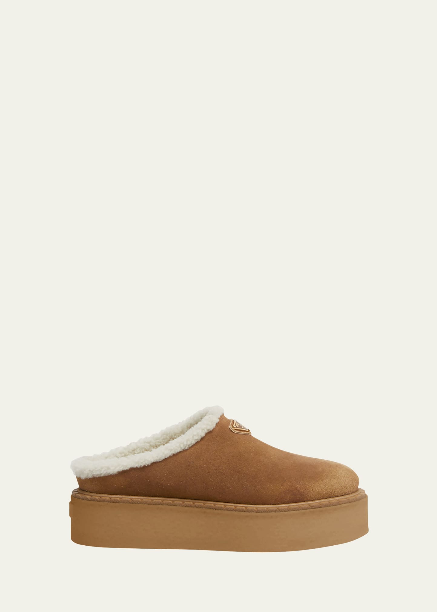 Prada Suede Shearling Cozy Platform Mules In Brown