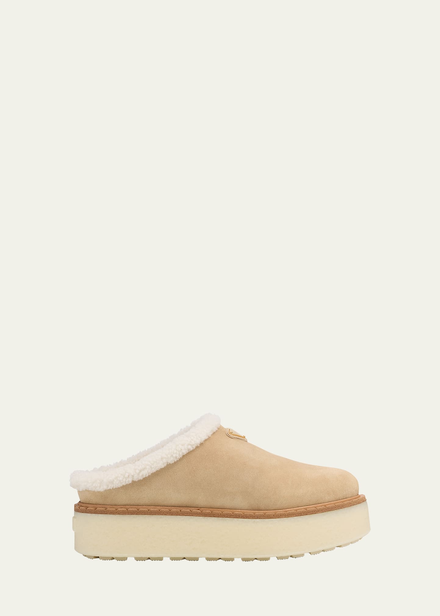 Prada Suede Shearling Cozy Platform Mules In Gold