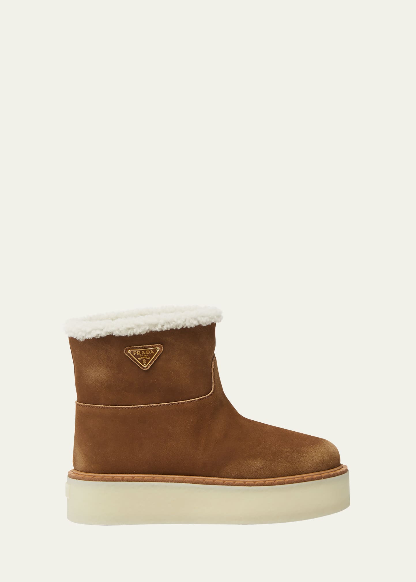 Prada Suede Shearling Cozy Platform Booties In Brown