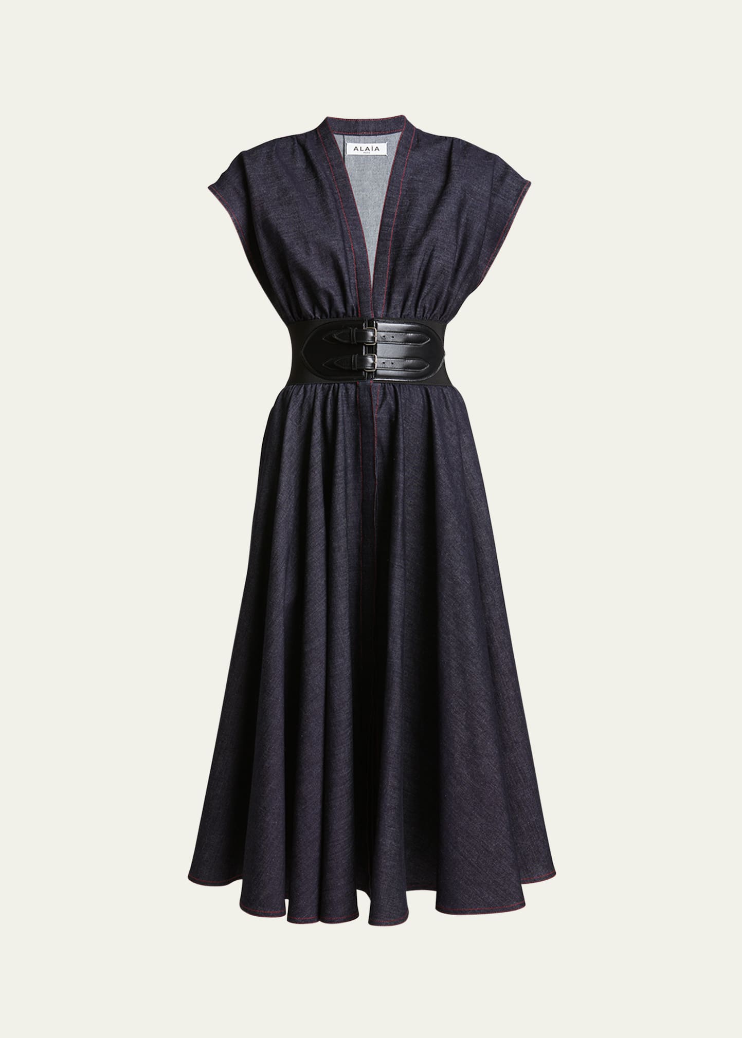 Shop Alaïa Belted Denim Midi Dress With Contrast Seams In Bleu Fonce