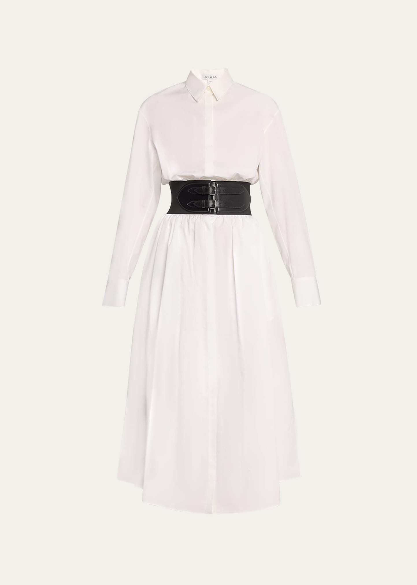 Shop Alaïa Maxi Button-front Shirtdress With Leather Belt In Blanc