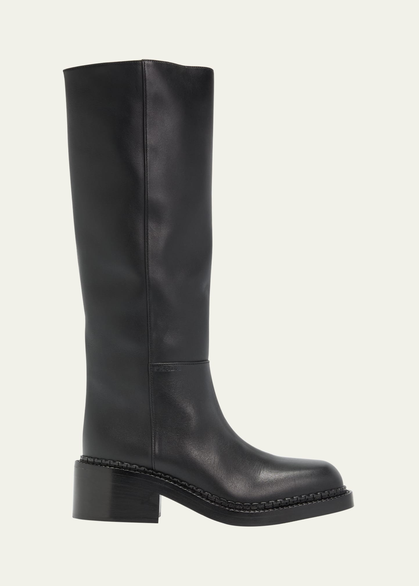 Prada Leather Knee-high Boots With Low Block Heel In Nero