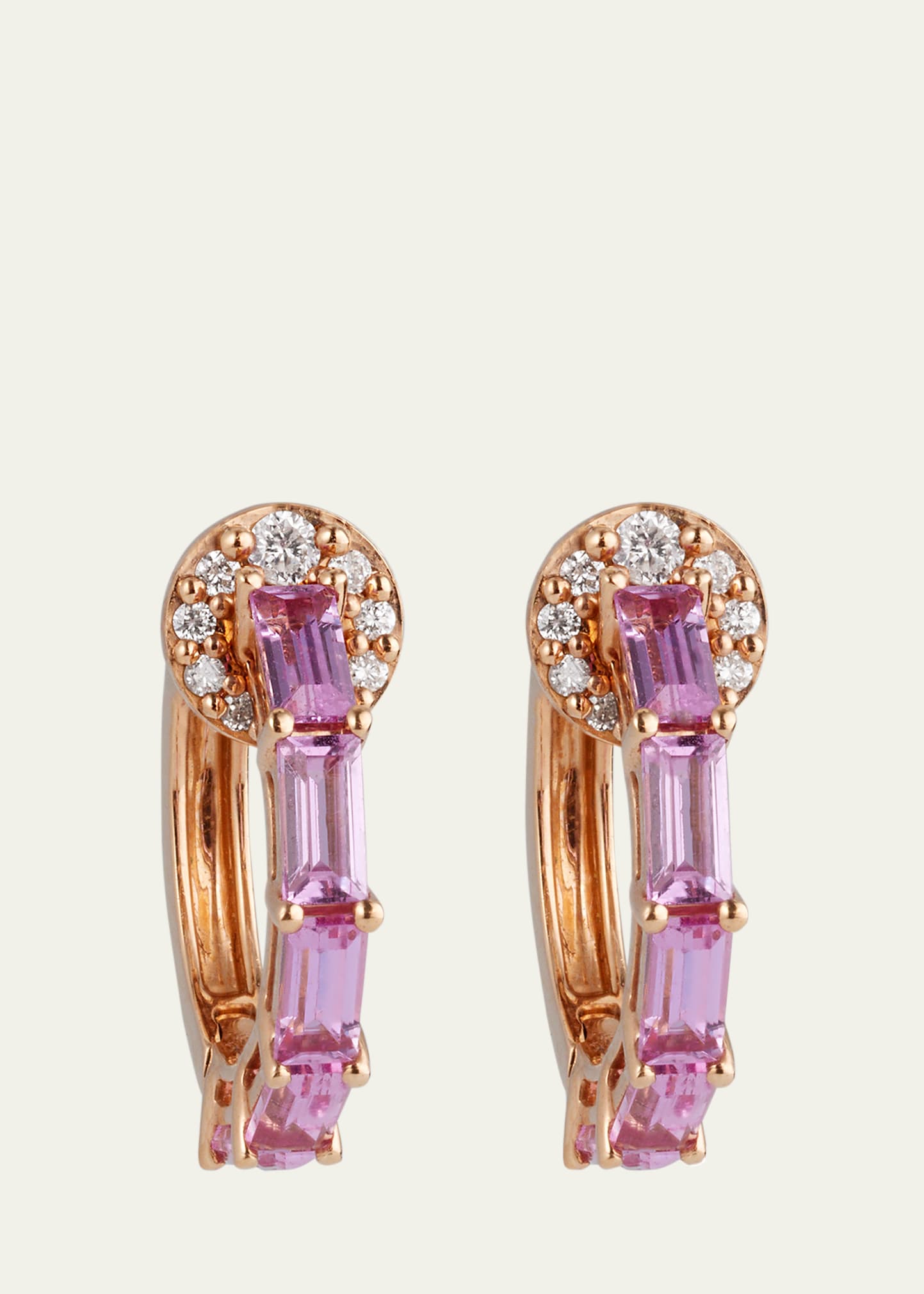 18K Rose Gold Baguette Pink Sapphire and Diamond Hoop Earrings