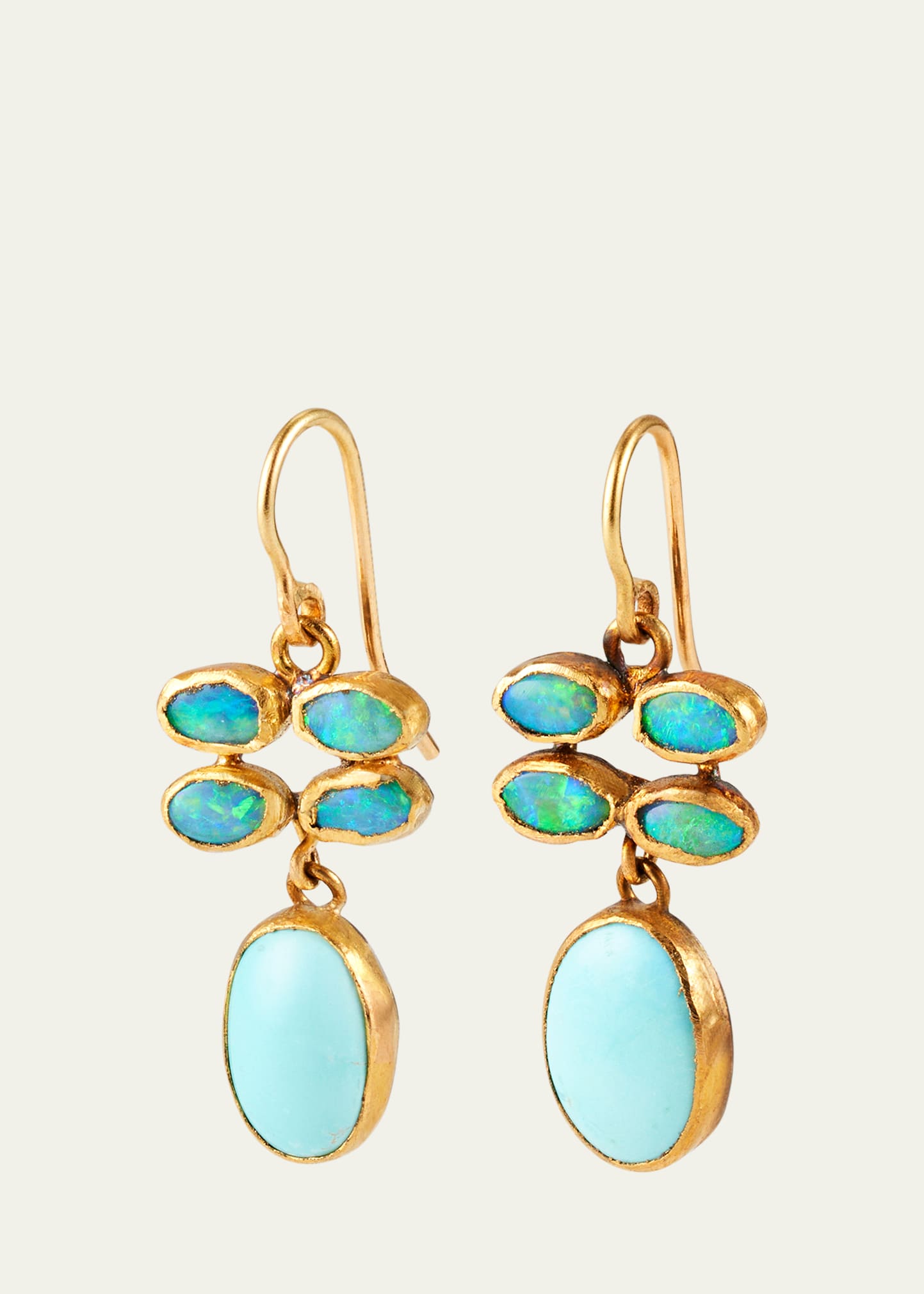 18K Yellow Gold and Silver Quadruple Opal Top and Dangling Turquoise Drop Earrings