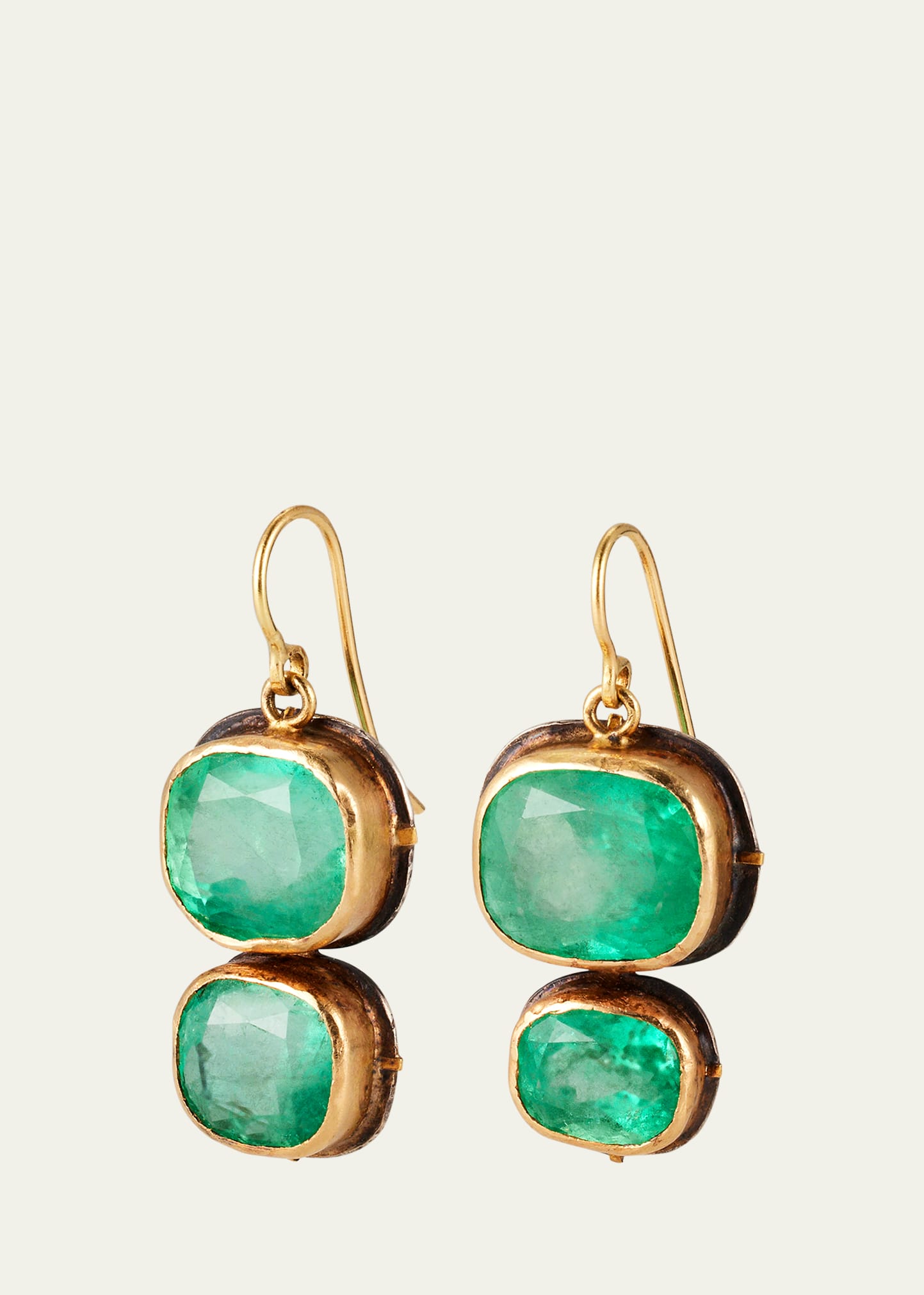 22K Yellow Gold Plated Cushion Cut Colombian Emerald Double Drop Earrings