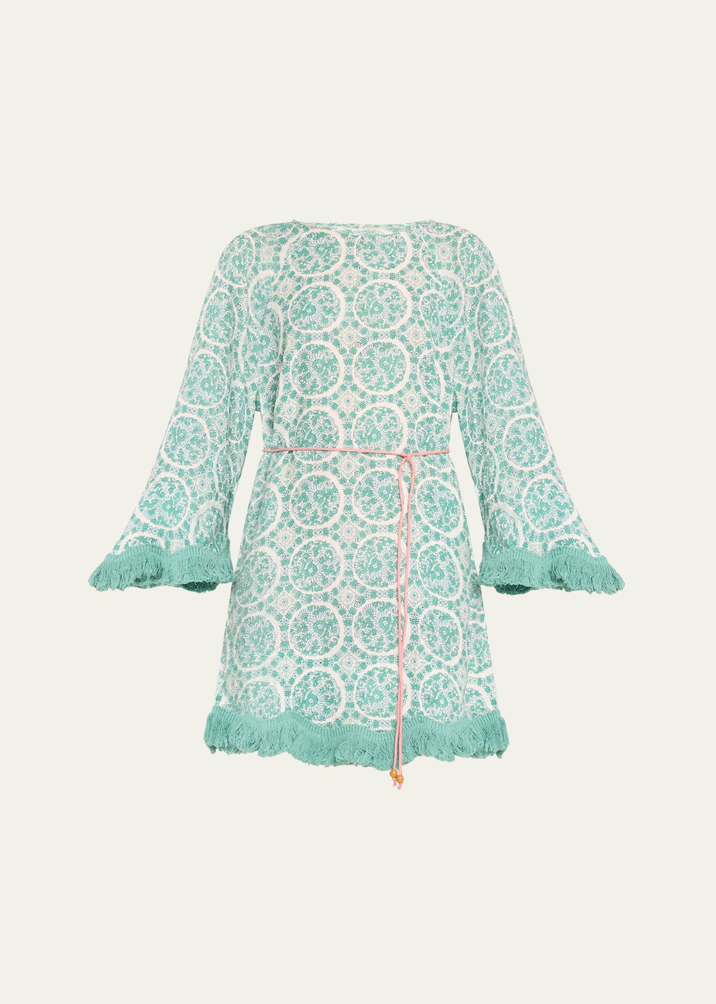 Sienna Fringed Block-Print Linen Mini Dress