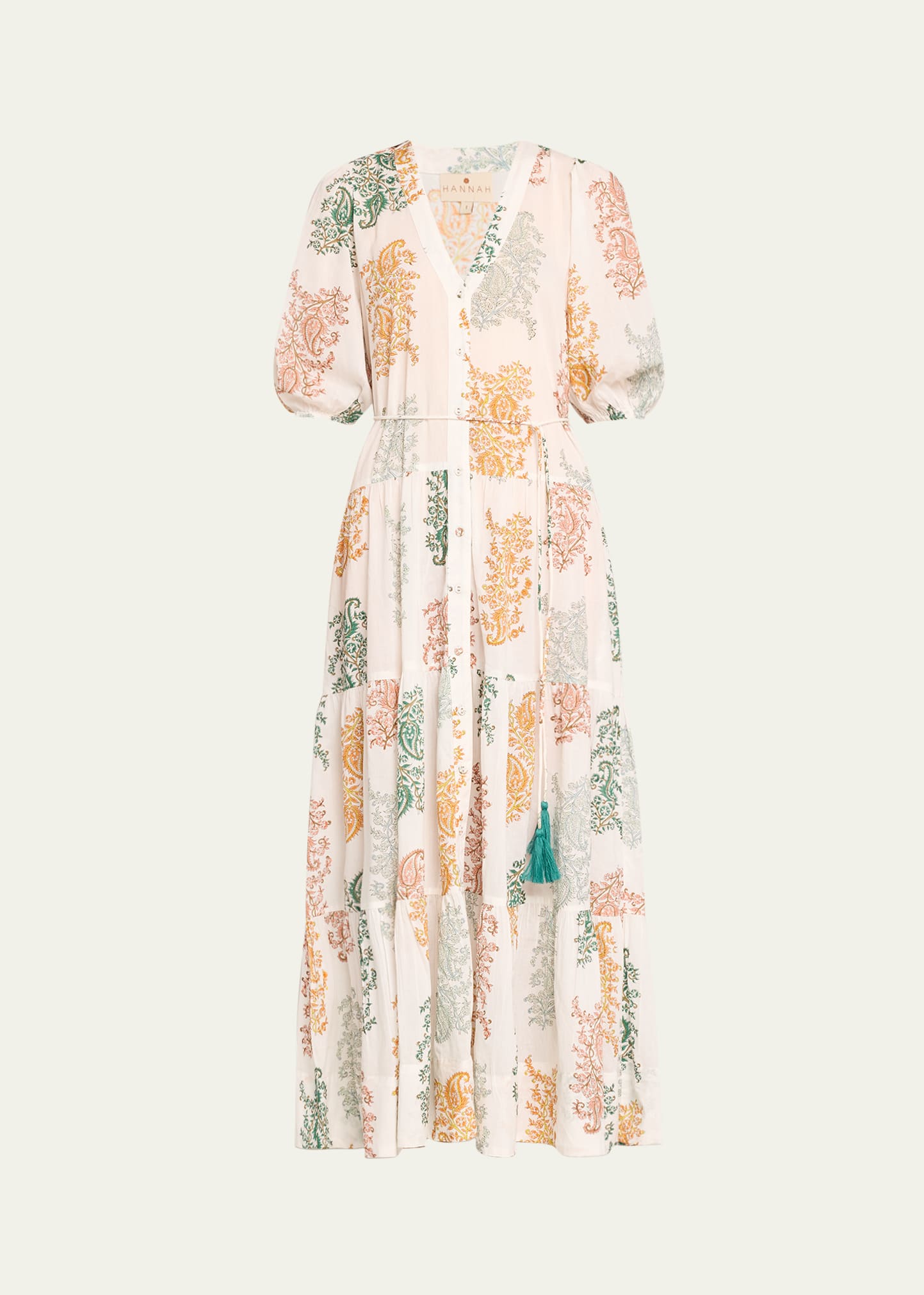 Anyeta Paisley Cotton Short-Sleeve Tiered Midi Dress