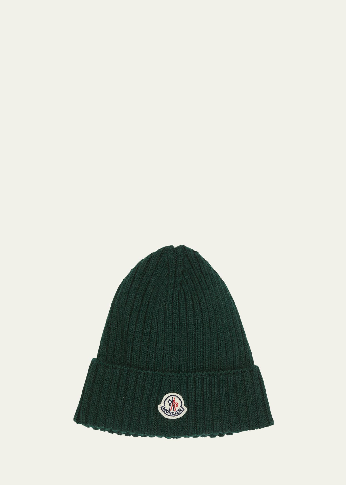 Moncler Boy's Ribbed Wool Beanie With Logo Patch In Medium Green