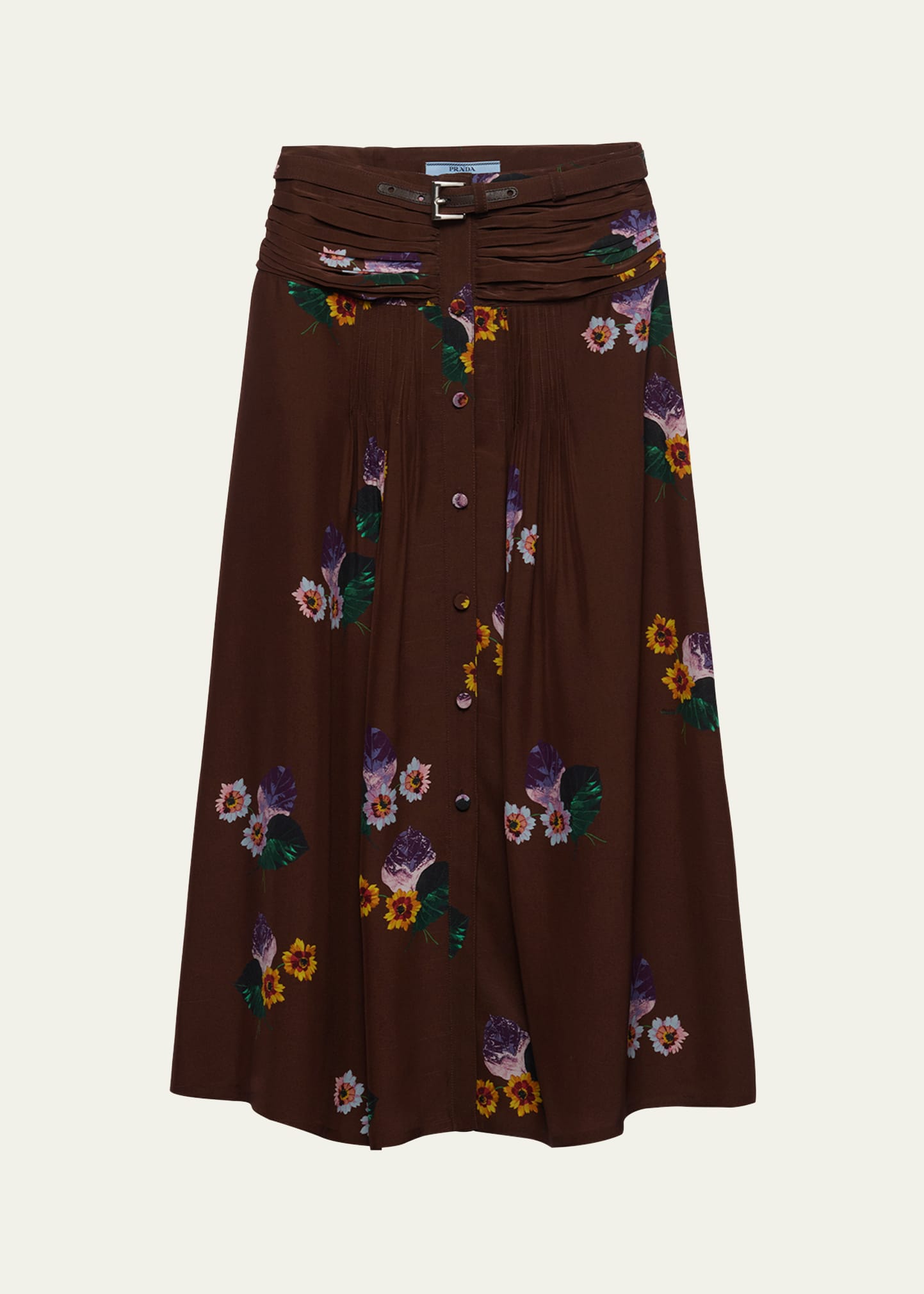 Shop Prada Floral Drape-waist Leather Belted Midi Skirt In F0324 Cacao