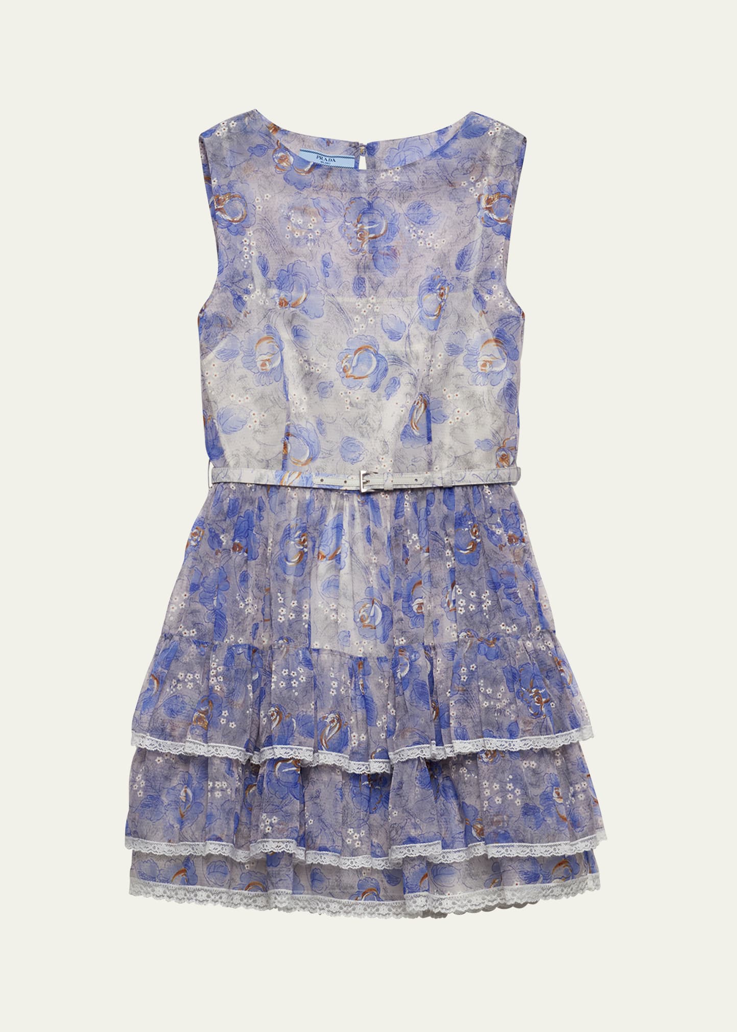 Floral Tiered Lace-Trim Leather Belted Chiffon Mini Dress