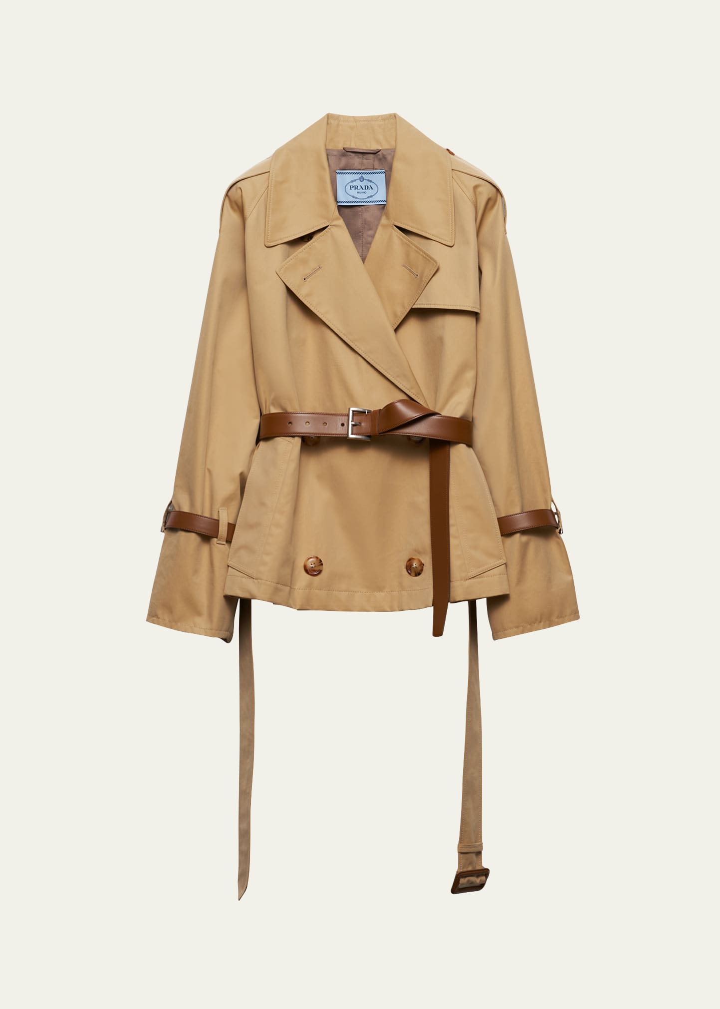 Shop Prada Short Leather Belted Twill Trench Jacket In F0151 Miele