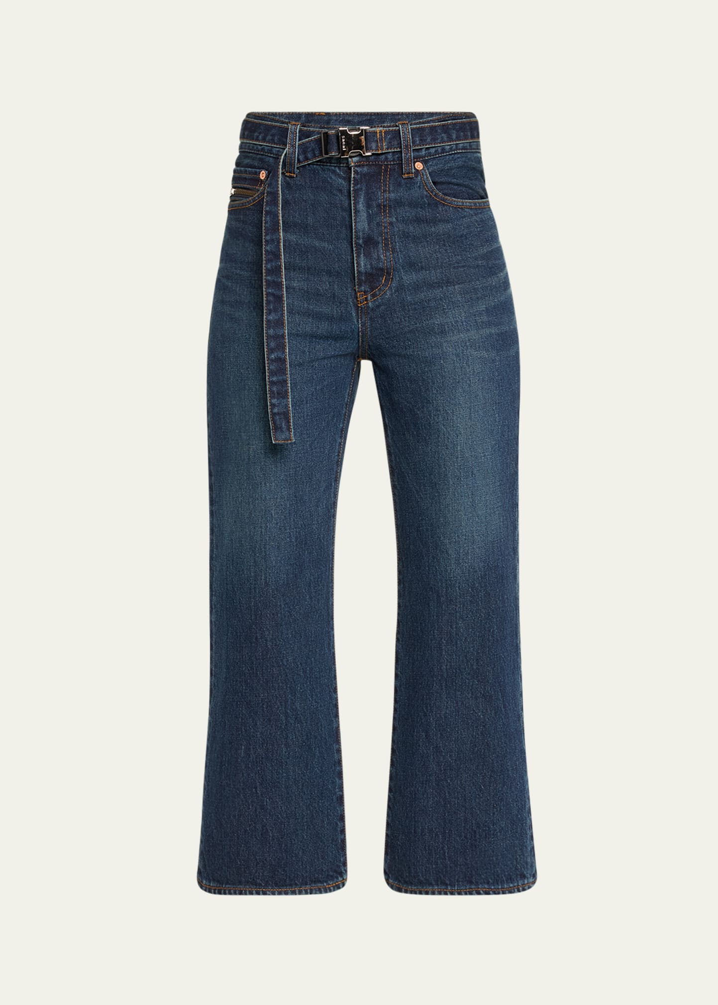 Sacai Belted Bootcut Denim Capri Pants In Blue