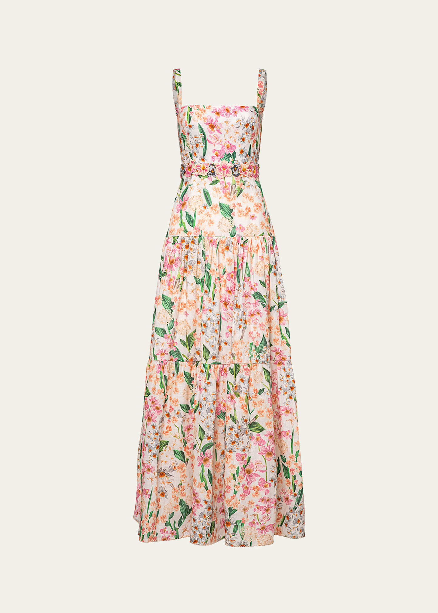 Lima Floral Linen Sleeveless Square-Neck Maxi Dress