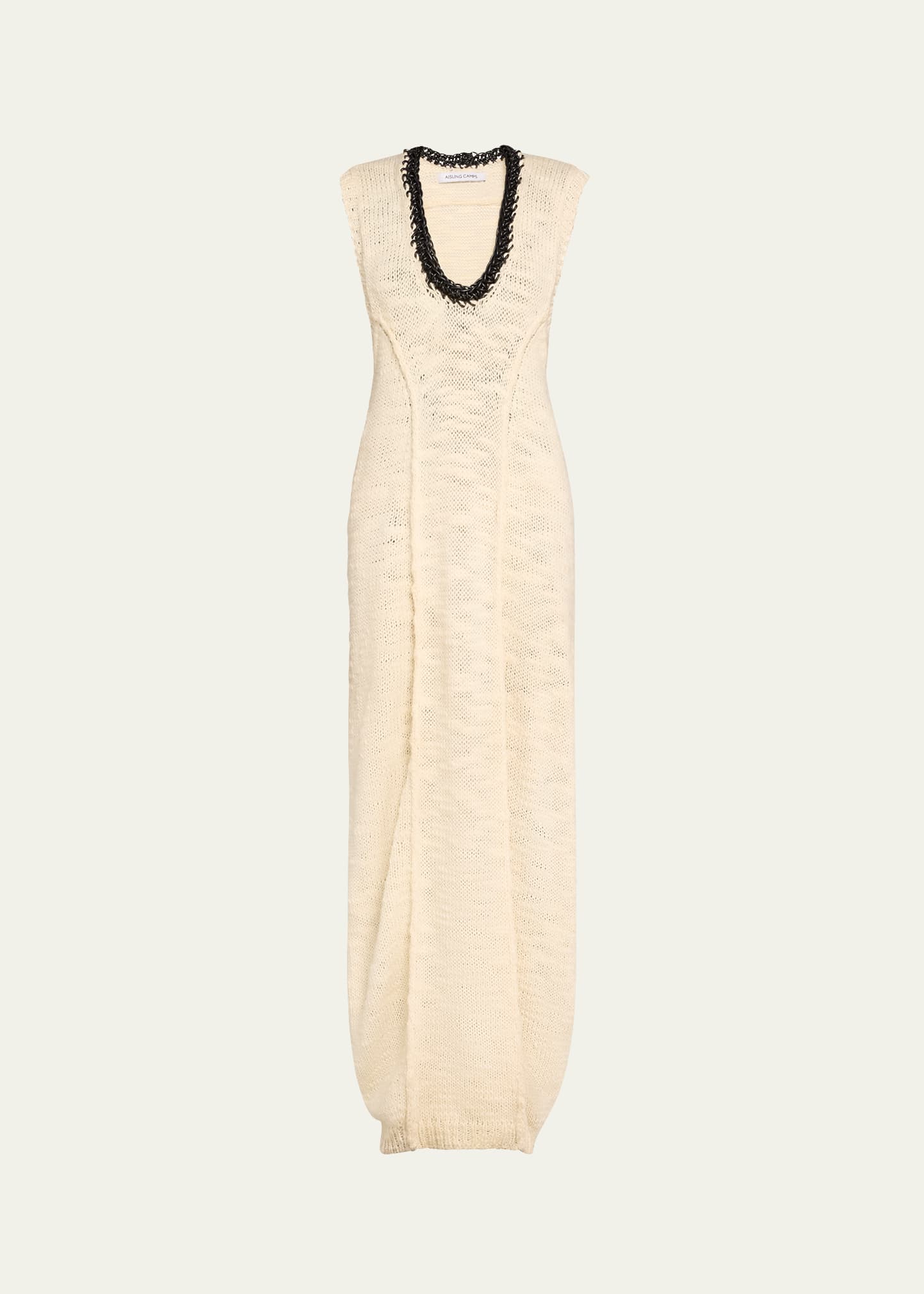 Aisling Camps Long Leather-trim Crochet Wool Cocoon Dress In Ivory W Black