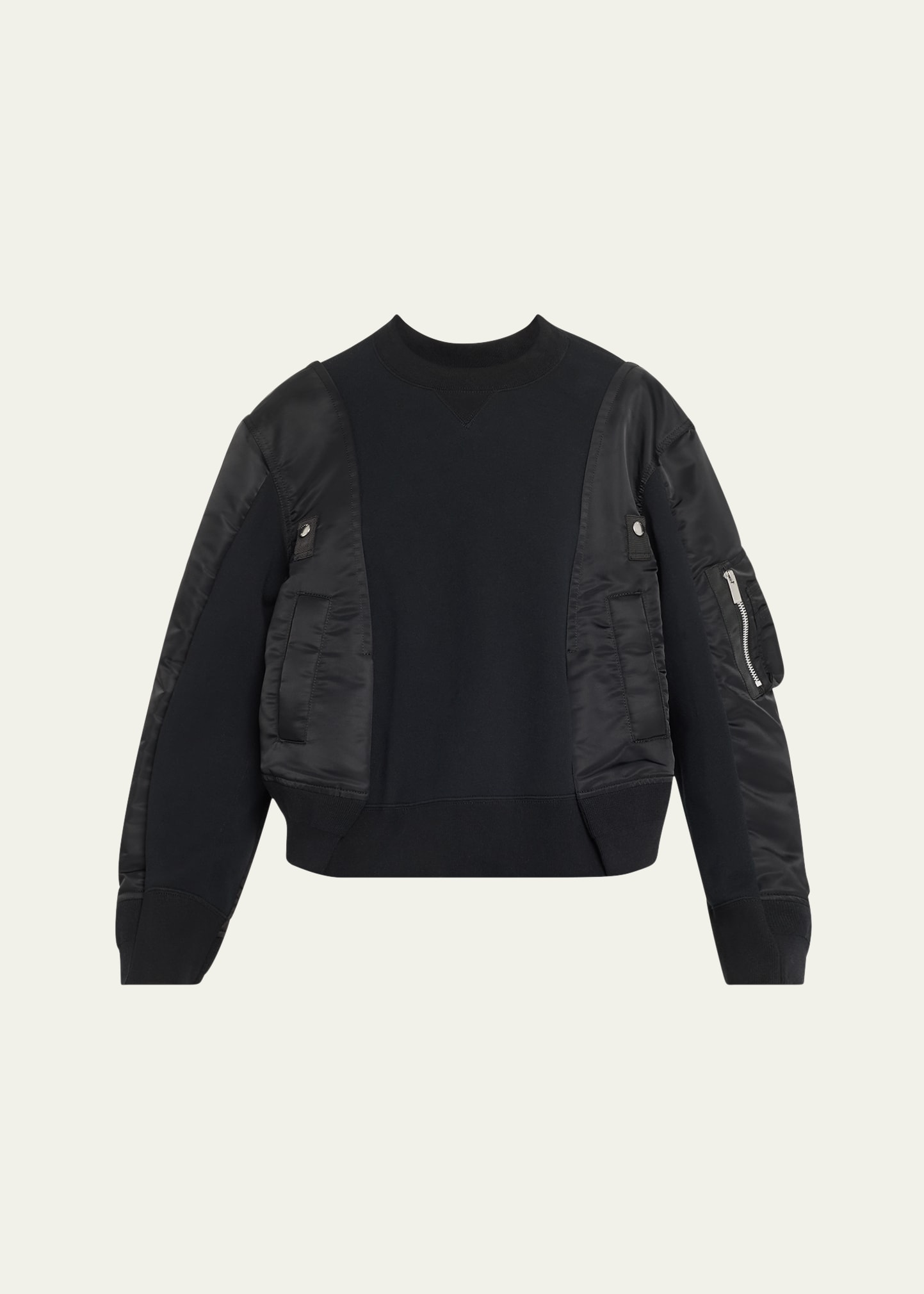 Sacai Crewneck Sweater With Satin Panels And Zip Pocket In Black