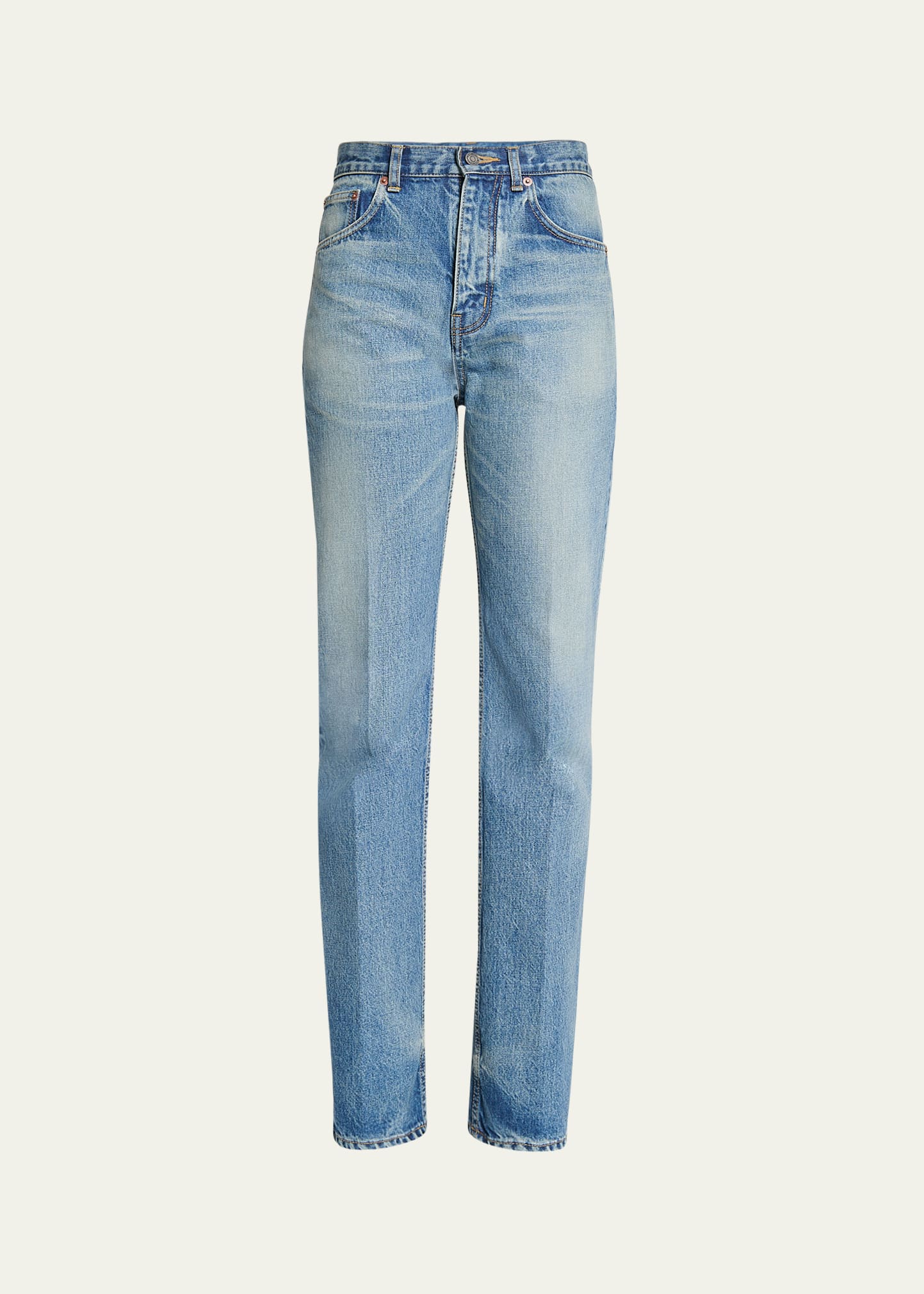Saint Laurent High Waisted Straight Leg Denim Pants In Bright Blu