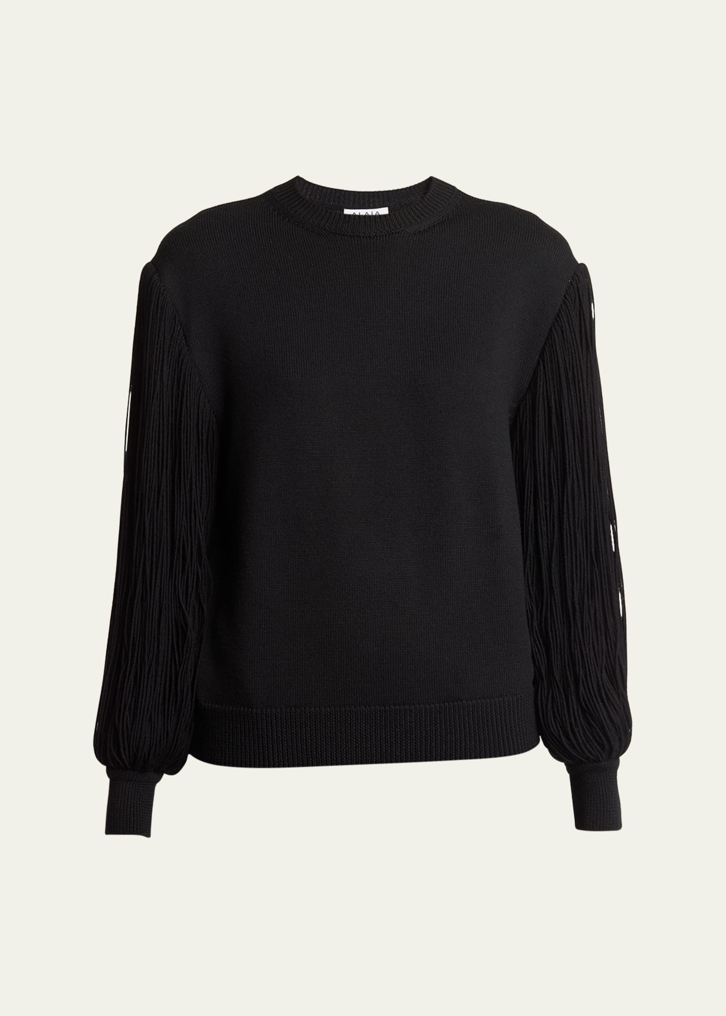 Alaïa Slit Fringe Sleeve Wool Crewneck Sweater In Noir Alaia