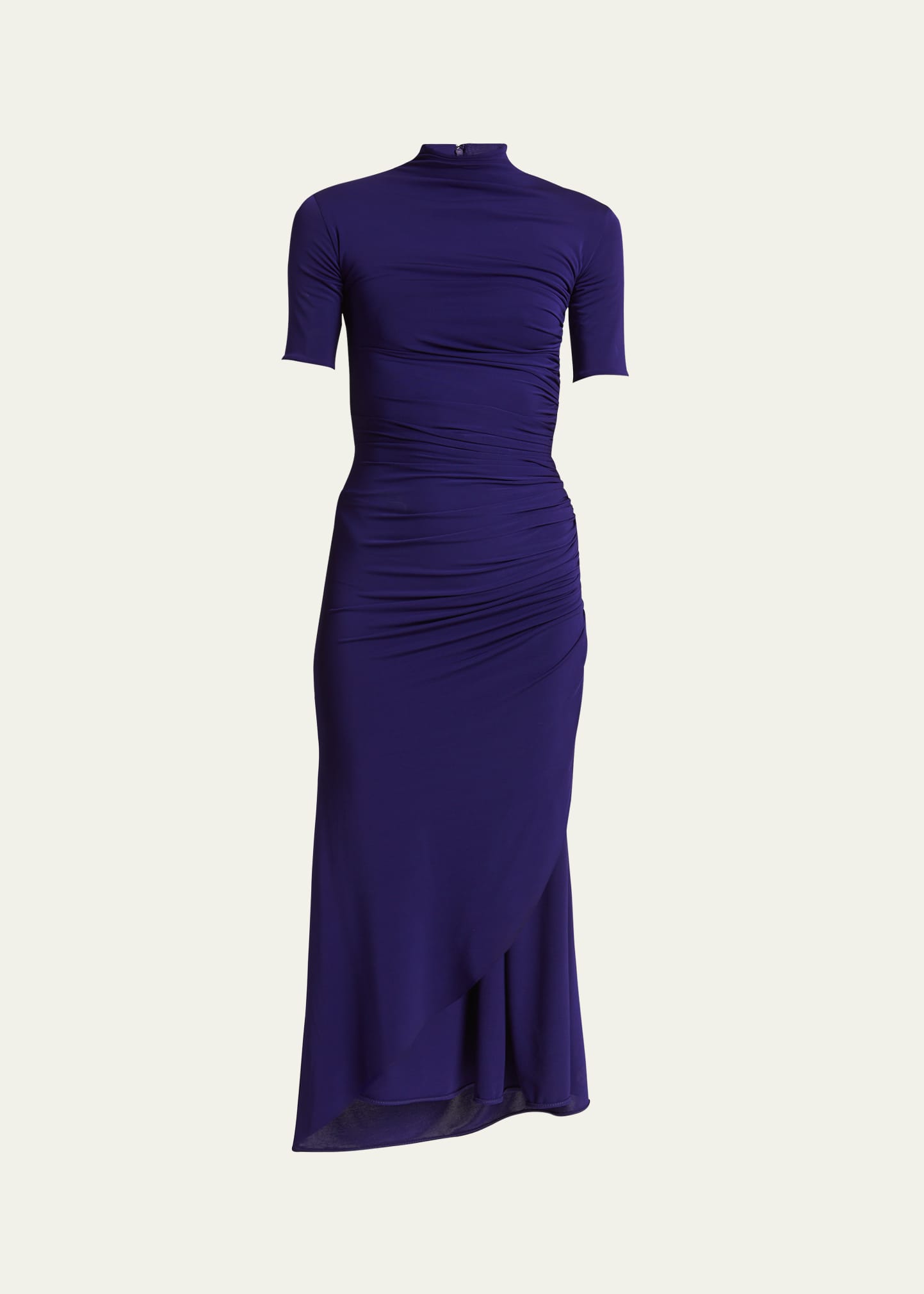 ALAÏA MOCK-NECK RUCHED SHORT-SLEEVE SLIT MIDI DRESS 