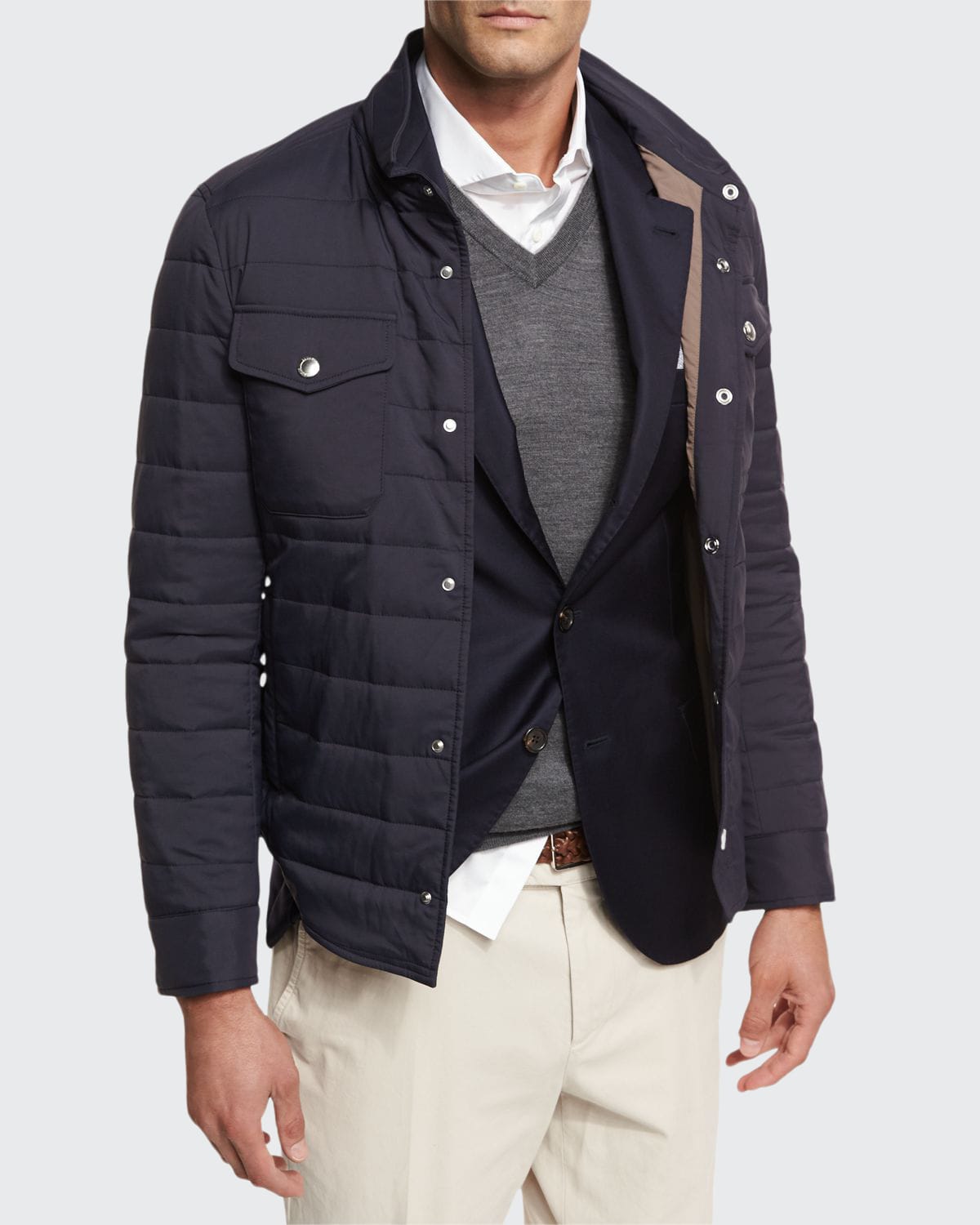 Brunello Cucinelli Slim-fit Quilted Shell Shirt Jacket In Grey Nylon In Dark Blue