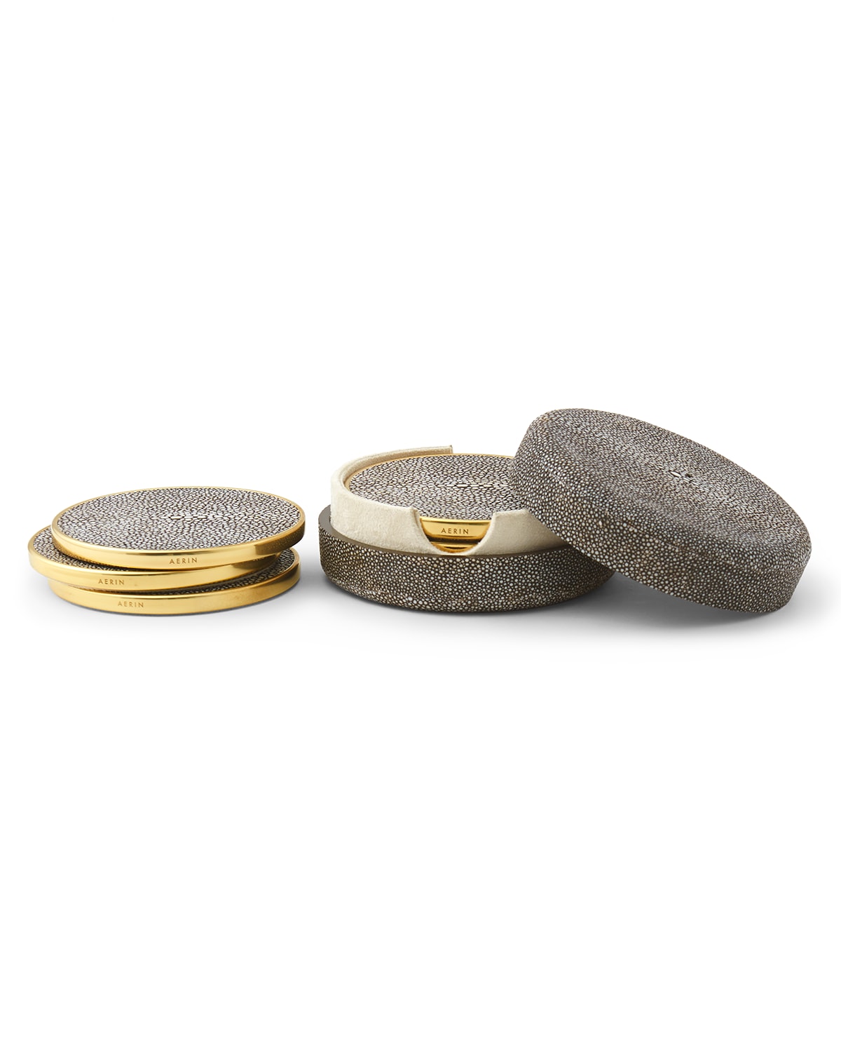 Aerin 4 Embossed Faux-shagreen Coasters In Chocolate